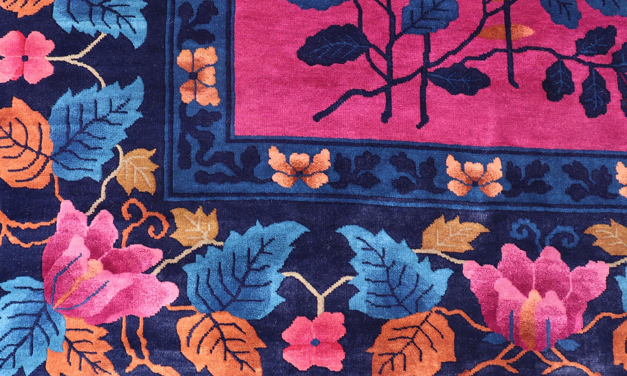 Wool Magenta Background Chinese Art Deco Rug with Large Vining Flowers and Leaves  For Sale