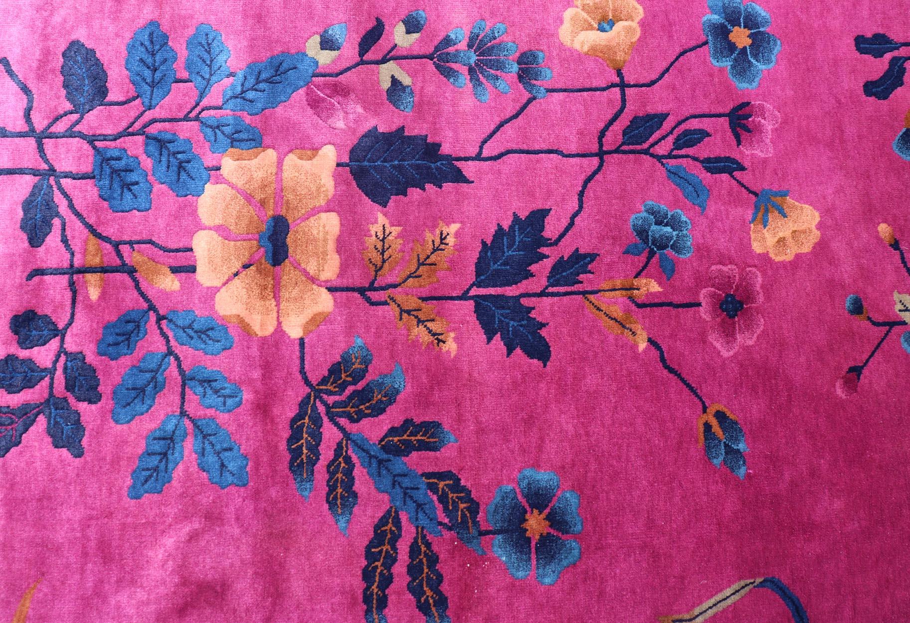 Magenta Background Chinese Art Deco Rug with Large Vining Flowers and Leaves  For Sale 1