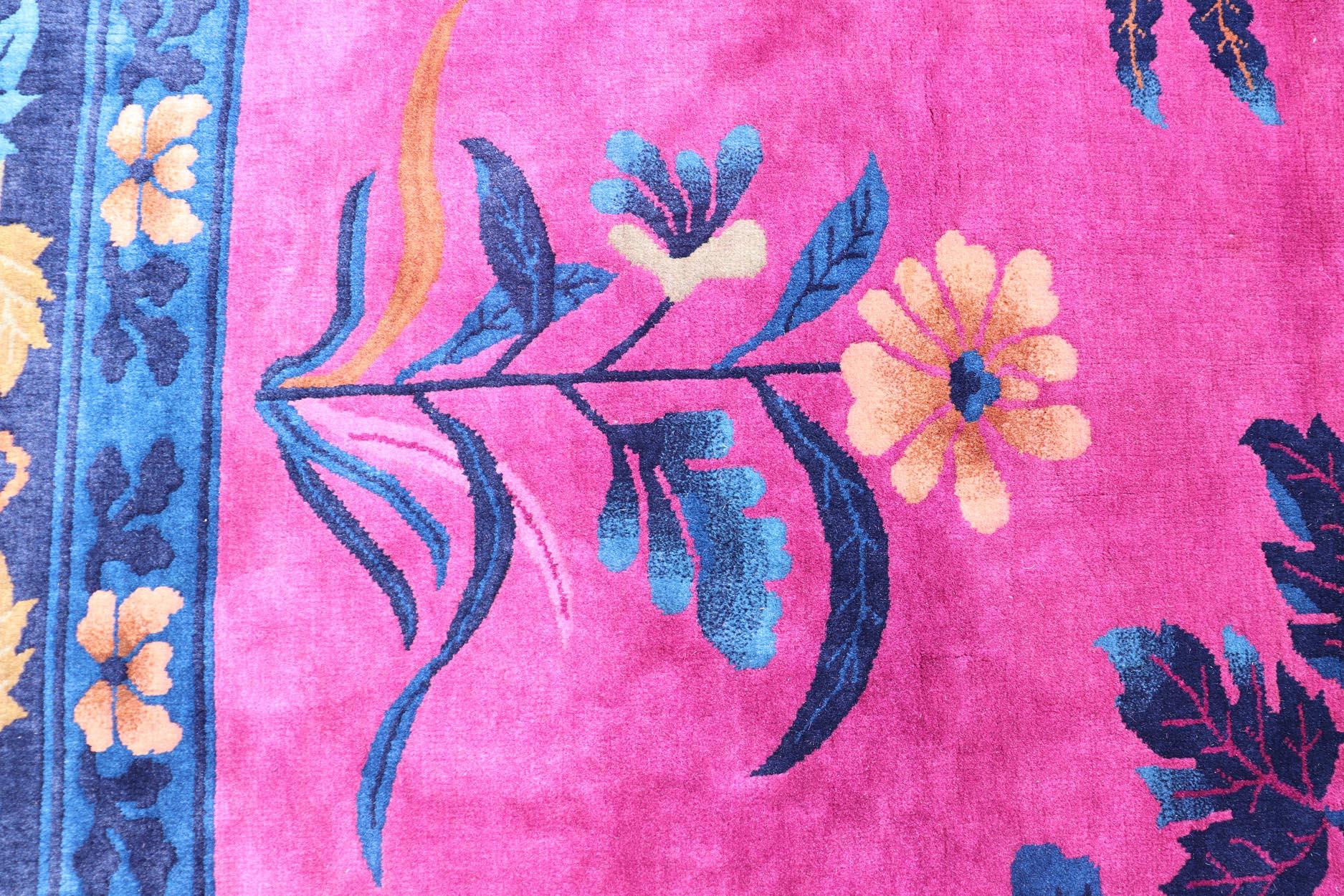 Magenta Background Chinese Art Deco Rug with Large Vining Flowers and Leaves  For Sale 3
