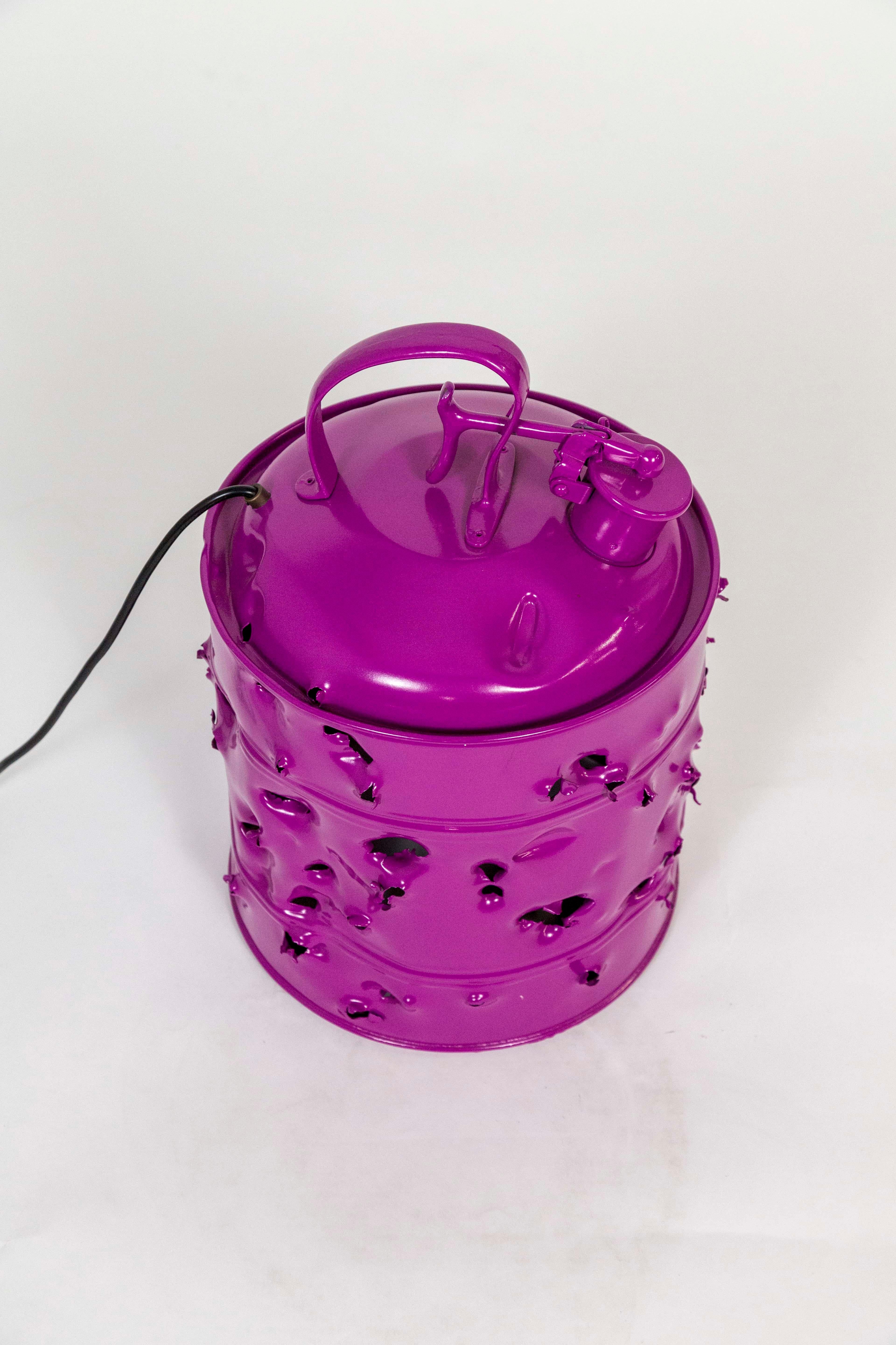 Metal Magenta Bullet Holed Gas Can Light by Charles Linder