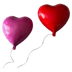 Magenta or Red Glossy Ceramic Heart Balloon Sculpture, wall art - One sculpture
