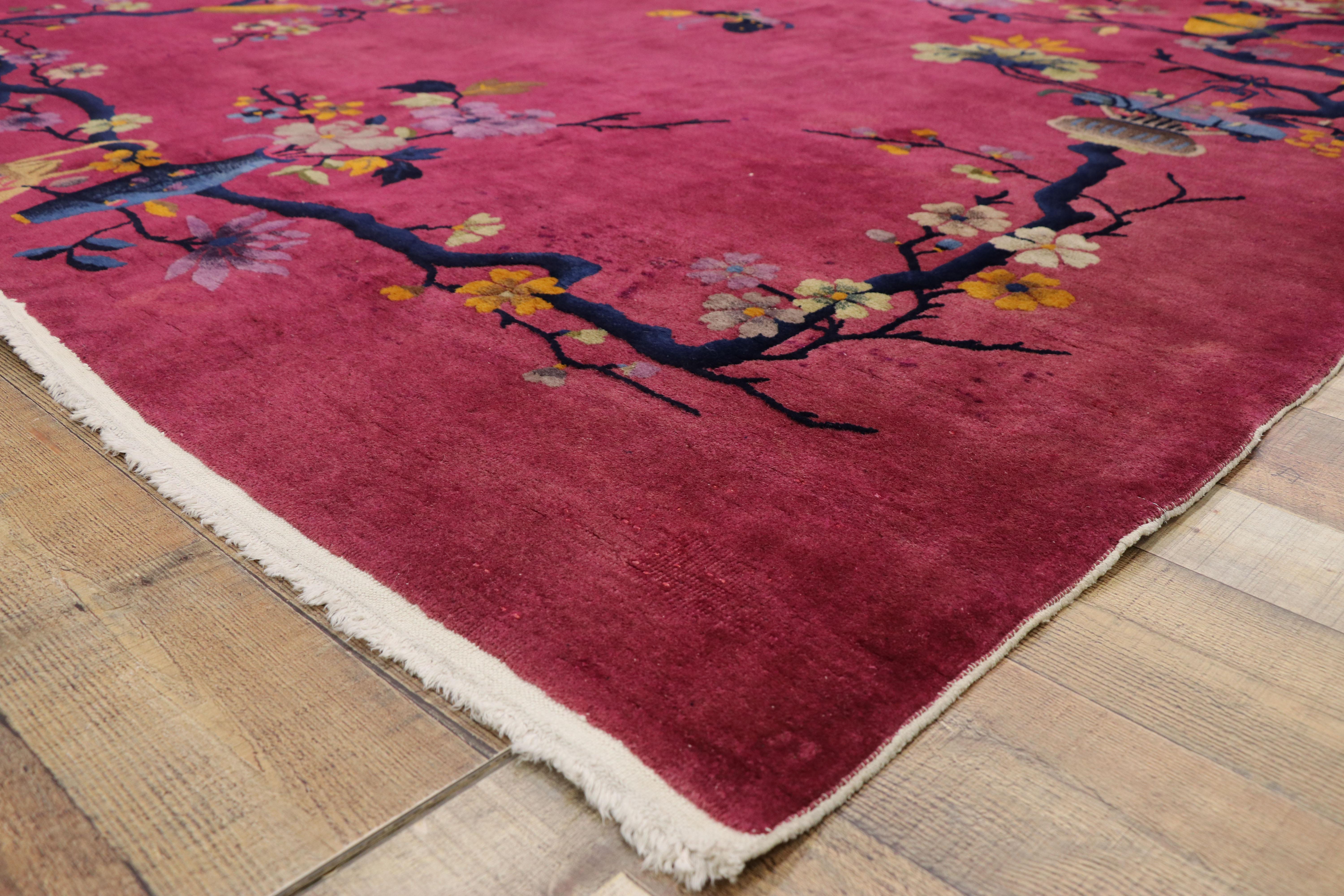 20th Century Magenta Pink Antique Chinese Art Deco Rug with Pictorial Chinoiserie Design