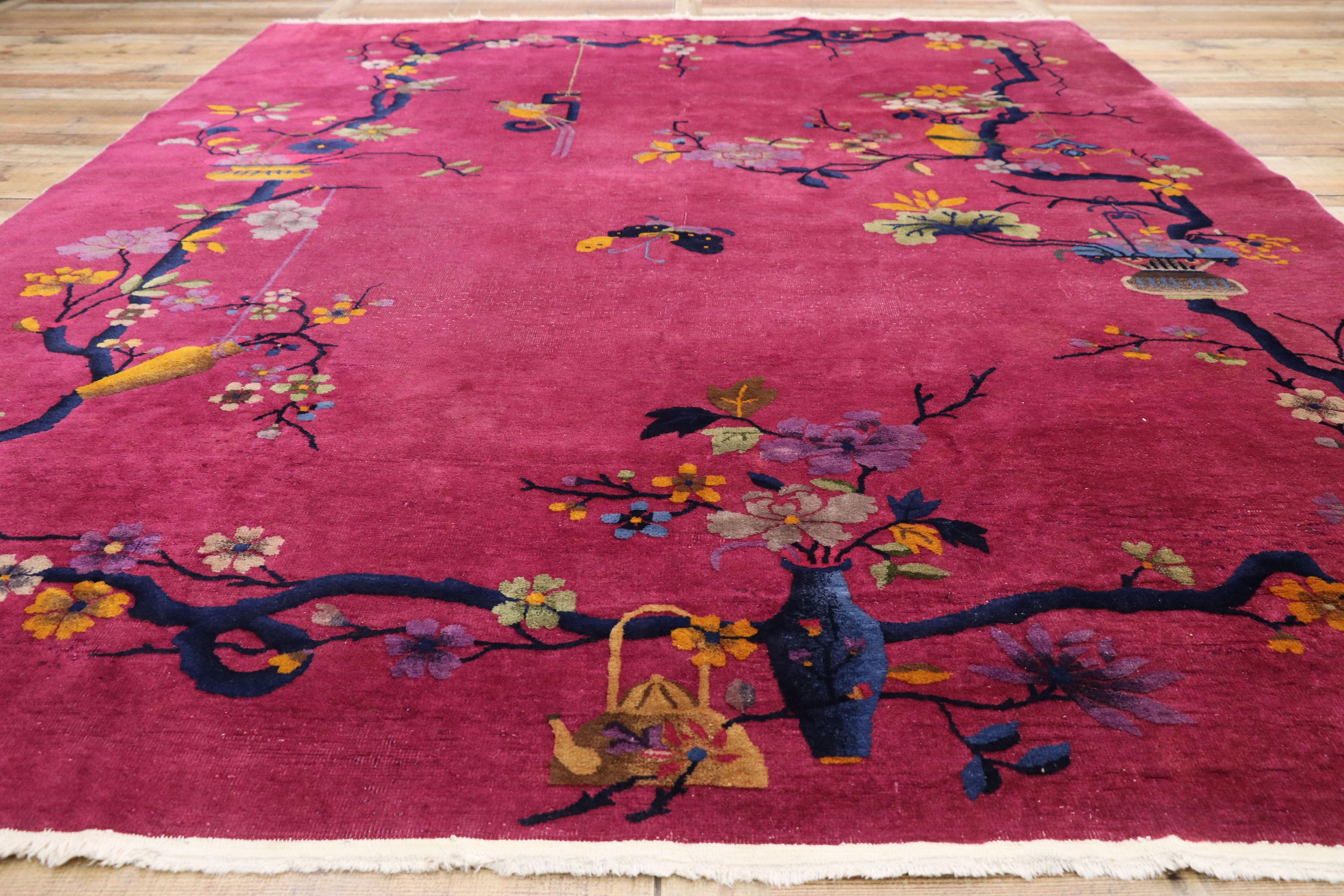 Wool Magenta Pink Antique Chinese Art Deco Rug with Pictorial Chinoiserie Design