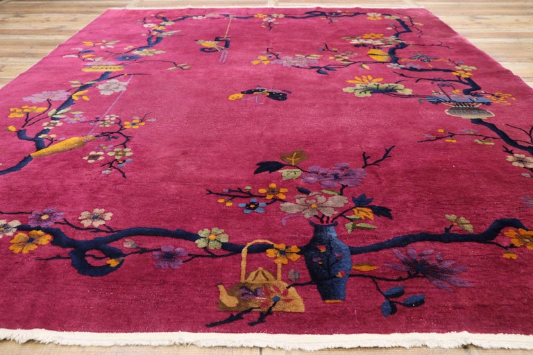 Magenta Pink Antique Chinese Art Deco Rug with Pictorial Chinoiserie ...