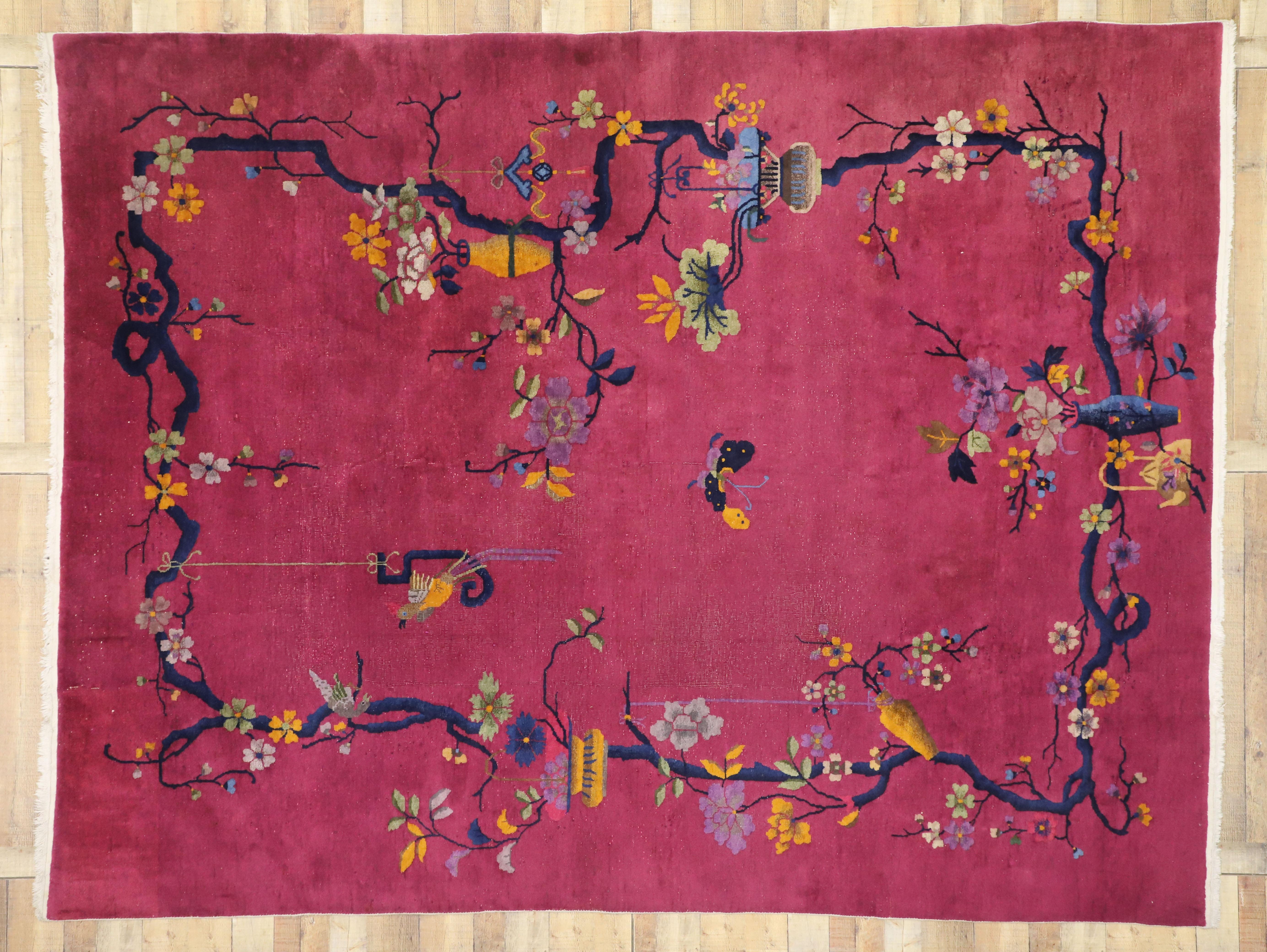 Magenta Pink Antique Chinese Art Deco Rug with Pictorial Chinoiserie Design 1