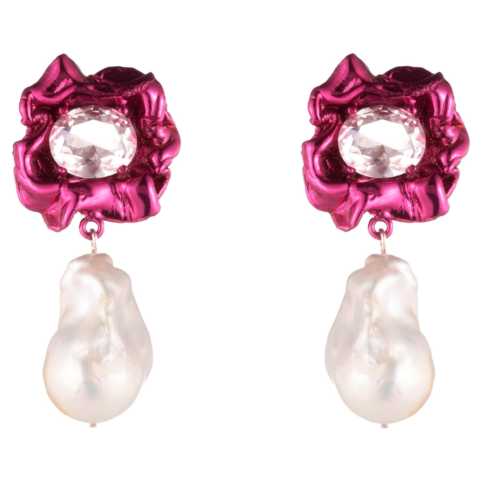 Magenta Pink Floral Baroque Freshwater Pearl and Crystal Drop Earring For Sale