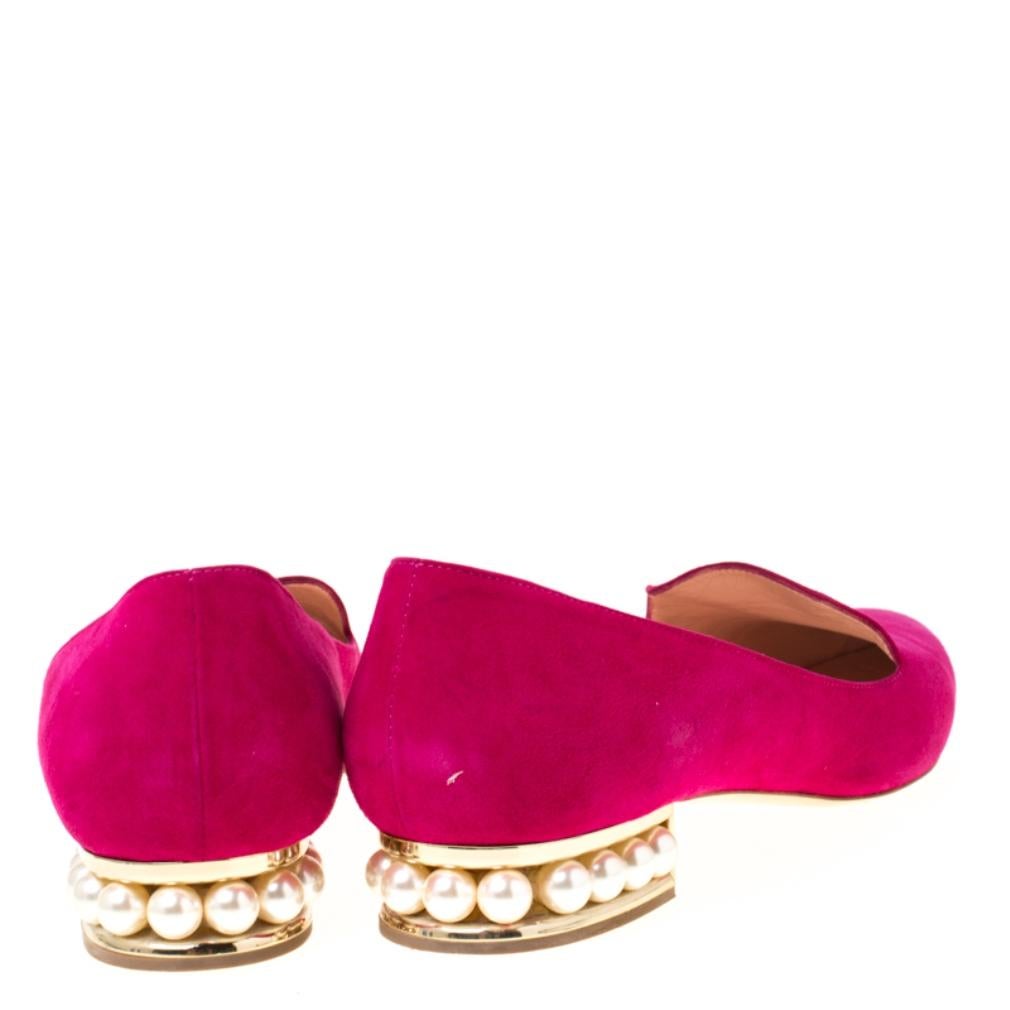 Women's Magenta Suede Casati Faux Pearl Heel Pointed Toe Loafers Size 40