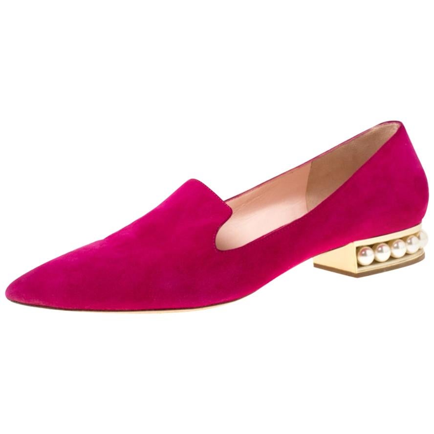 Magenta Suede Casati Faux Pearl Heel Pointed Toe Loafers Size 40