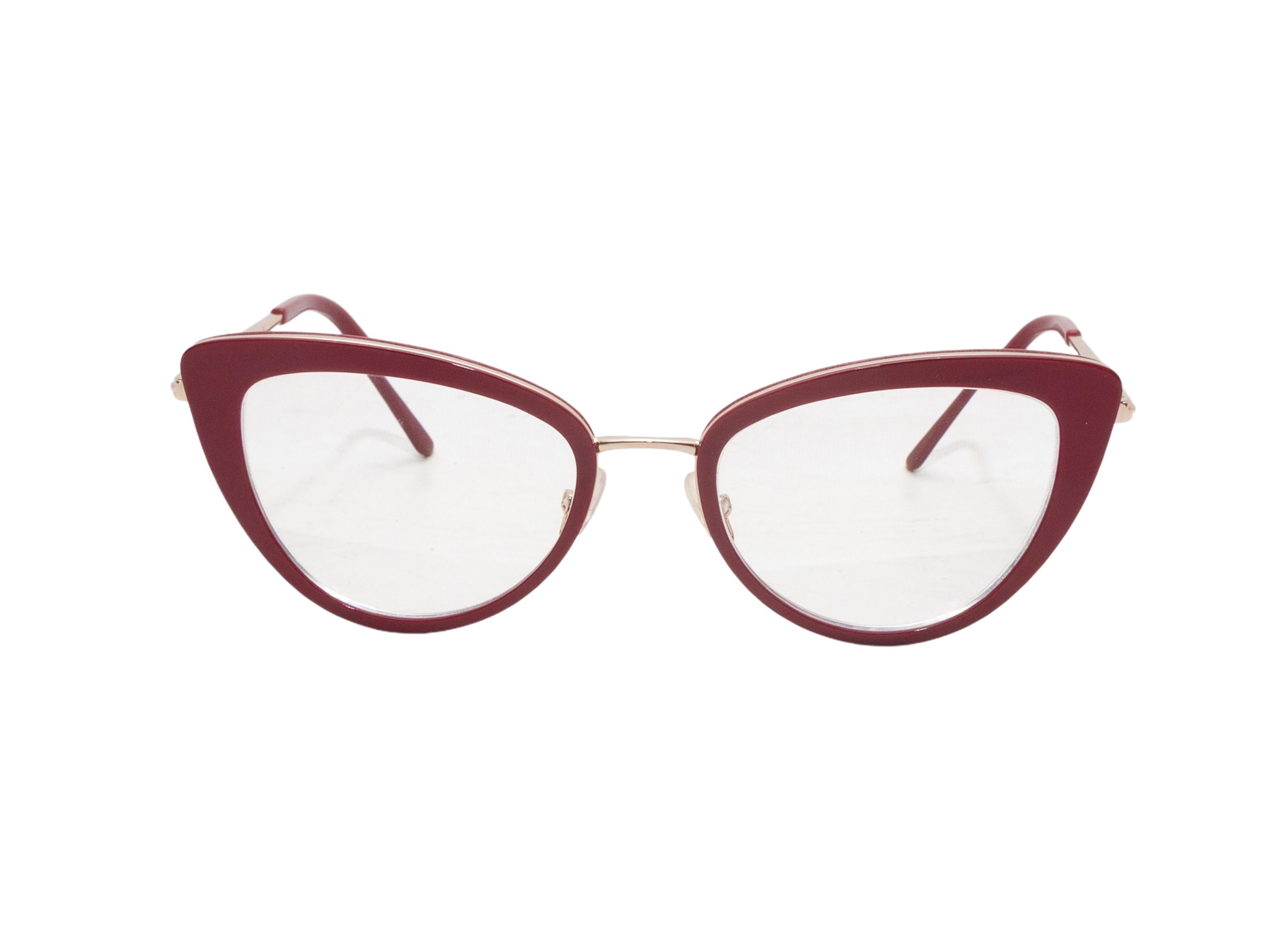 Gafas cat-eye de acetato magenta de Tom Ford. Detalles metálicos dorados. Almohadillas nasales ajustables. 1,75