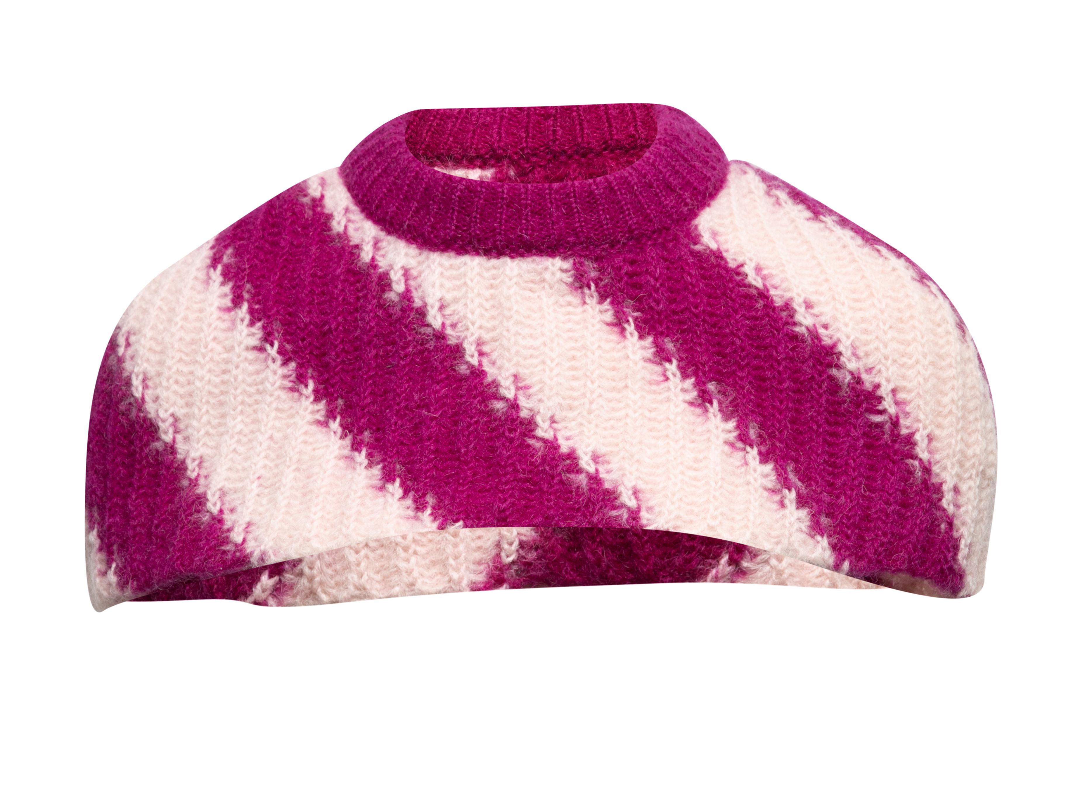 Magenta and white mohair knit shrug by Calvin Klein 205W39NYC. Diagonal striped pattern throughout. Crew neck. 40
