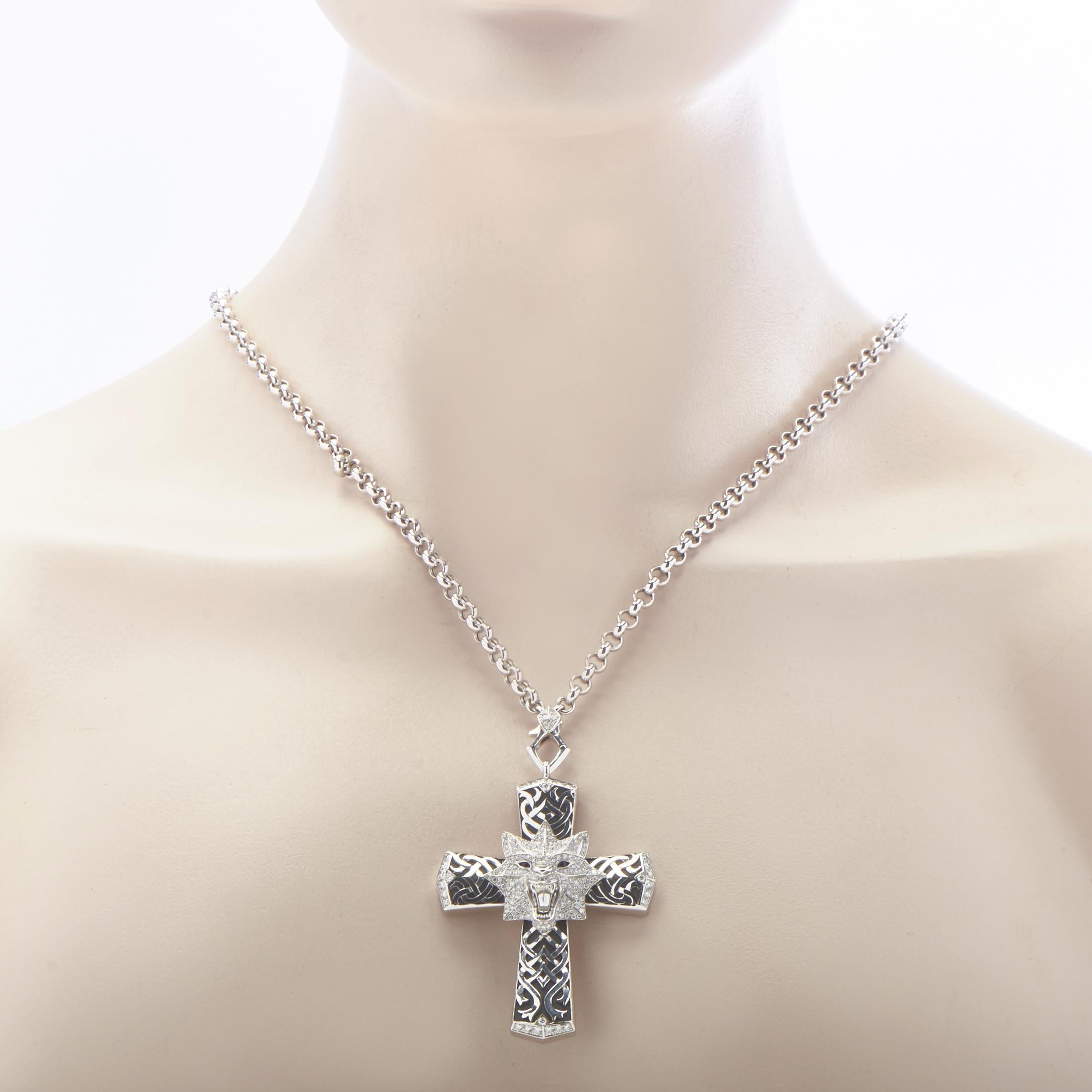 Mixed Cut Magerit 18 Karat Gold Diamond and Amethyst Gothic Cross Pendant Necklace