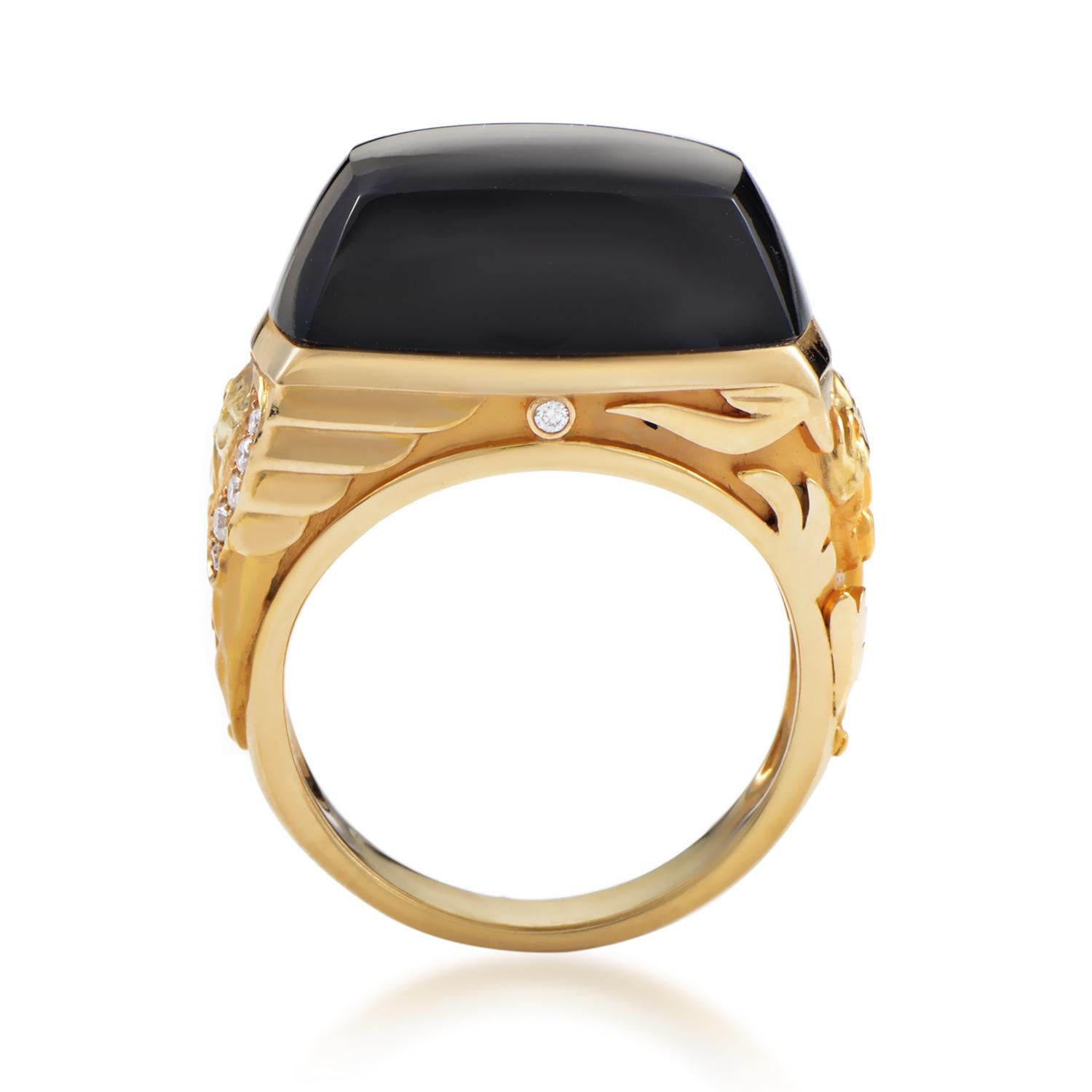 Producing a fantastic eye-catching effect through sheer innate appeal of the onyx stone weighing 2.82 carats as well as the classic luxurious combination of ornamented 18K yellow gold and lustrous diamonds totaling 0.11ct, Magerit present this