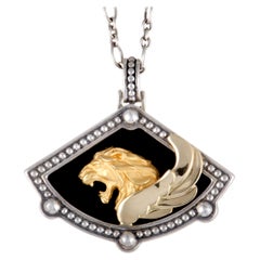 Magerit Babylon Ishtar Gate 18 Karat Gold and Silver Onyx Lion Face Pendant