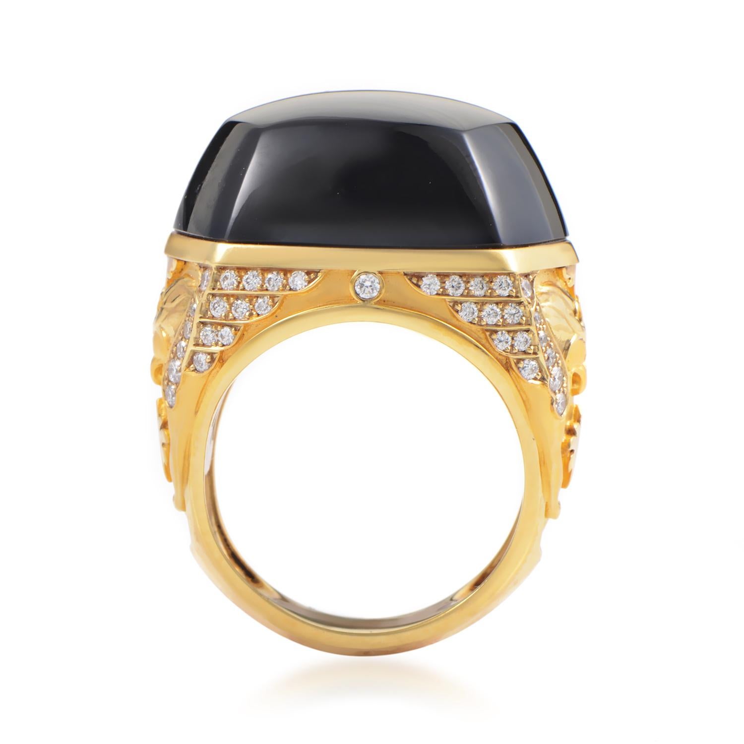 As if the captivating darkness and immaculate reflective surface of the stunningly shaped onyx weighing 5.75 carats isn't compelling enough, this astonishing 18k yellow gold ring from the Babylon collection by Magerit also boasts ornate engravings