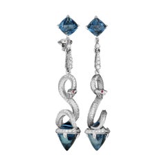 Boucles d'oreilles long serpent mythique en or 18 carats avec diamants:: saphirs rouges et haut London Top de Magerit