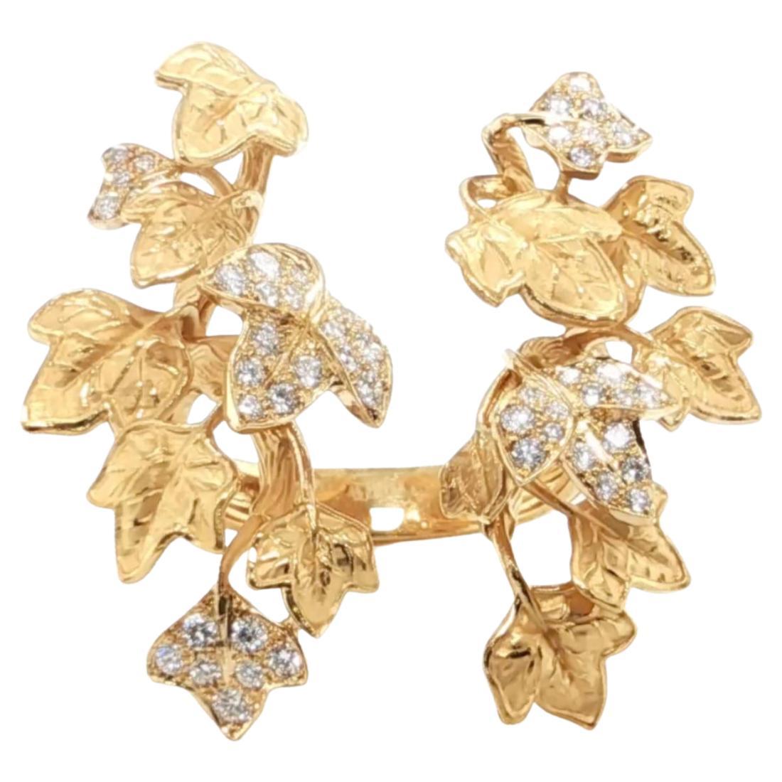 Magerit Verona Diamond Leaf Cluster Cuff Ring 18k Yellow Gold Size 6.5 For Sale
