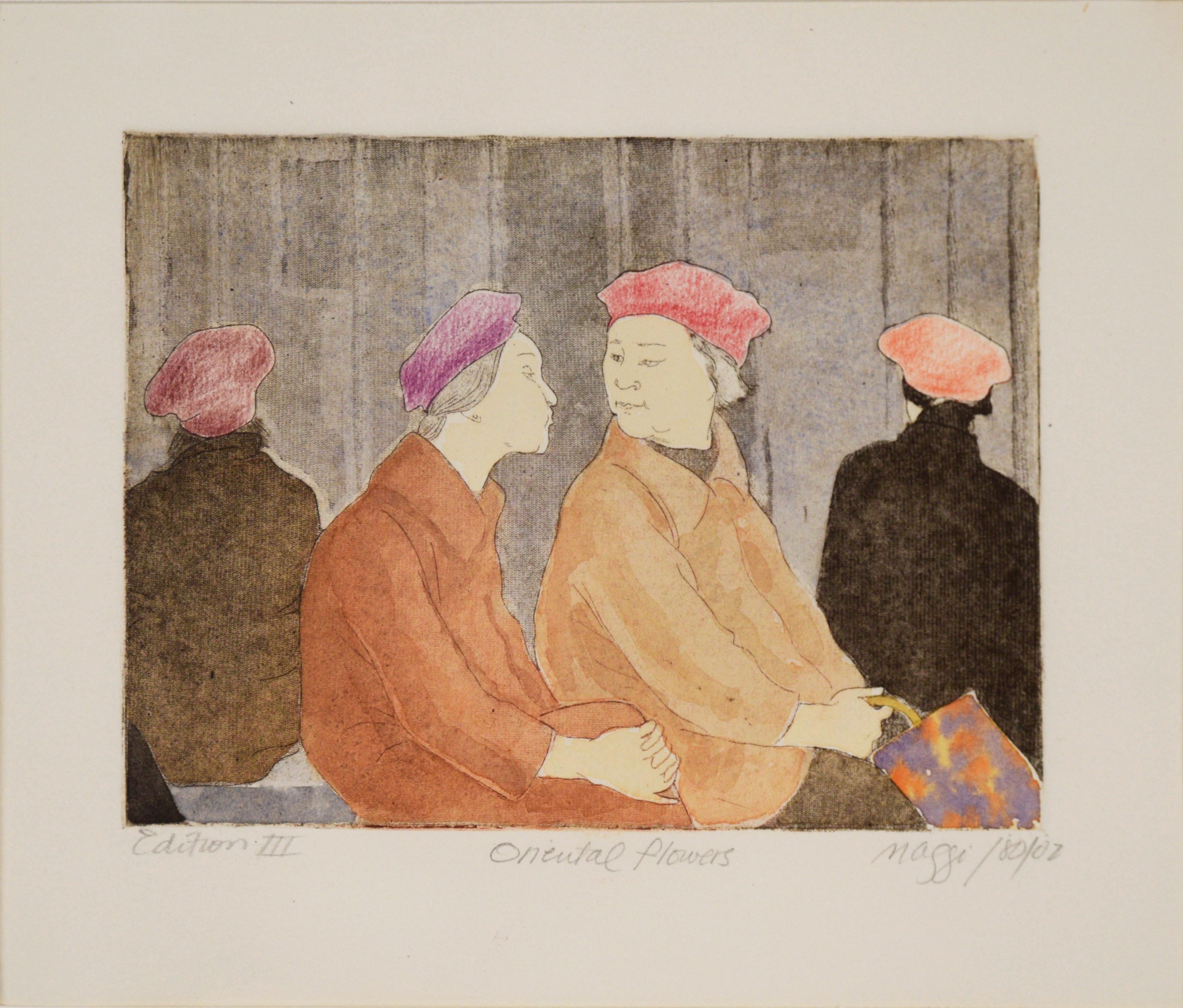 „Orientale Blumen“ – Figurative Radierung und Aquarellmalerei – Print von Margaret McElligott