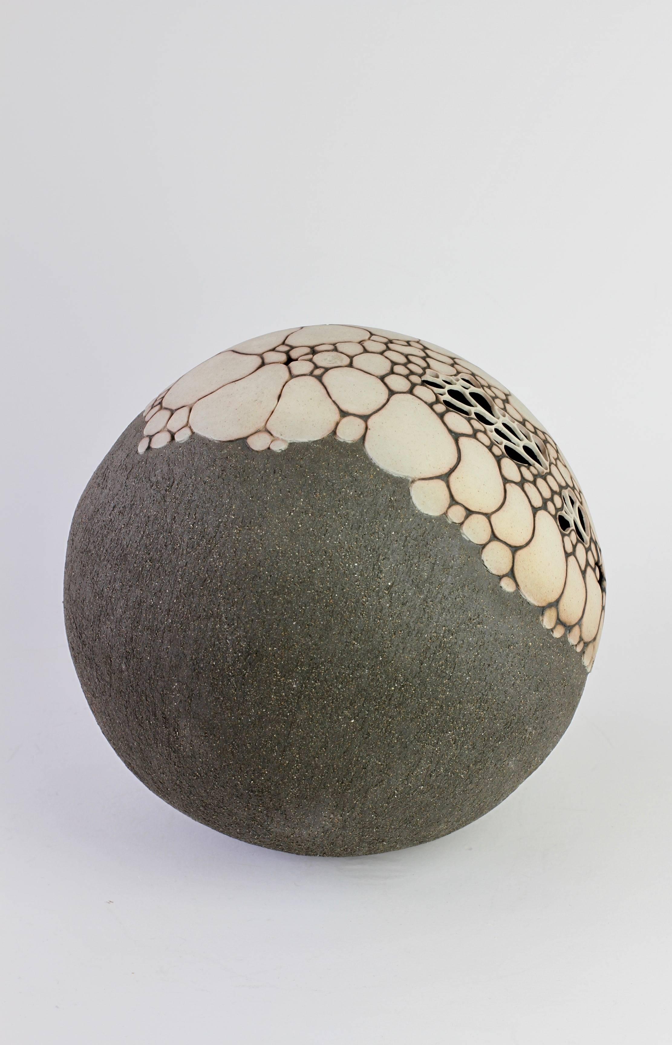 English Maggie Barnes Carved & Pierced Organic 'Sphere' Stoneware Art Pottery Sculpture For Sale