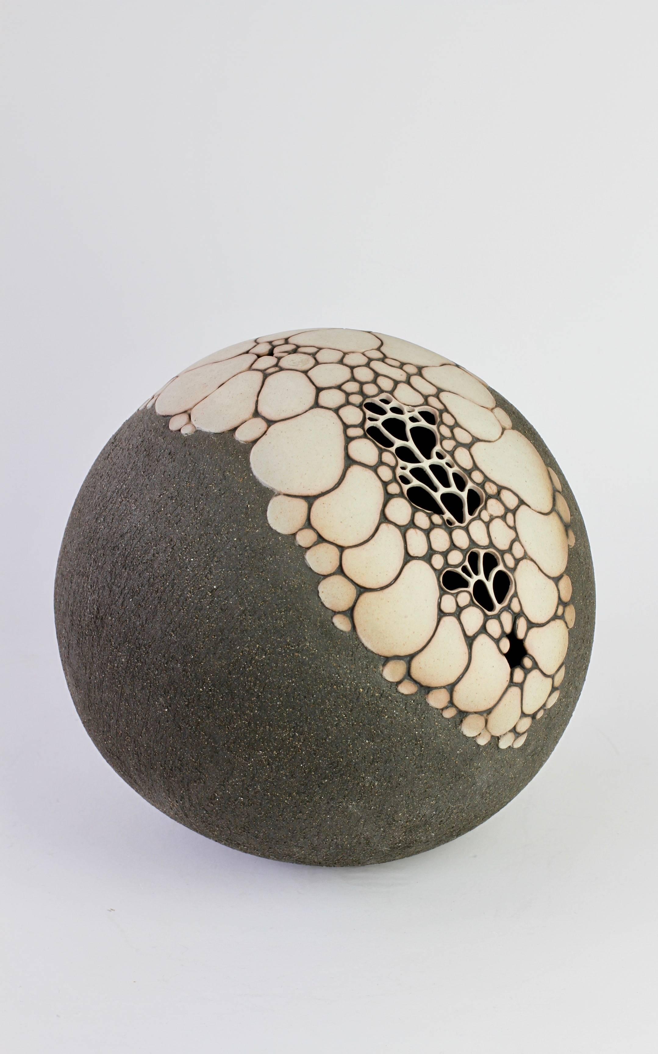 Hand-Carved Maggie Barnes Carved & Pierced Organic 'Sphere' Stoneware Art Pottery Sculpture For Sale