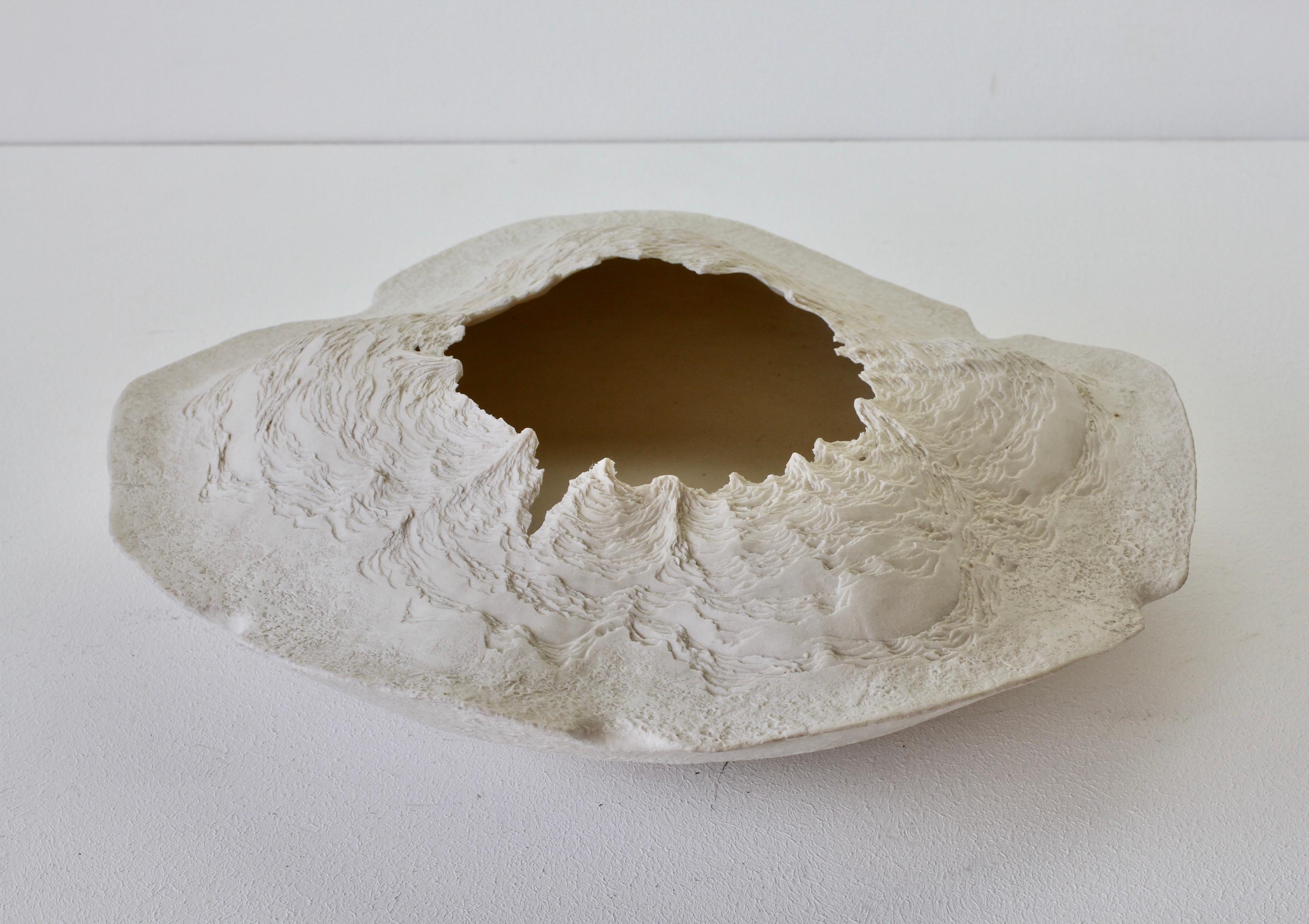 Maggie Barnes Carved White Organic Art Pottery Sculpture Bowl or Dish circa 1987 For Sale 1