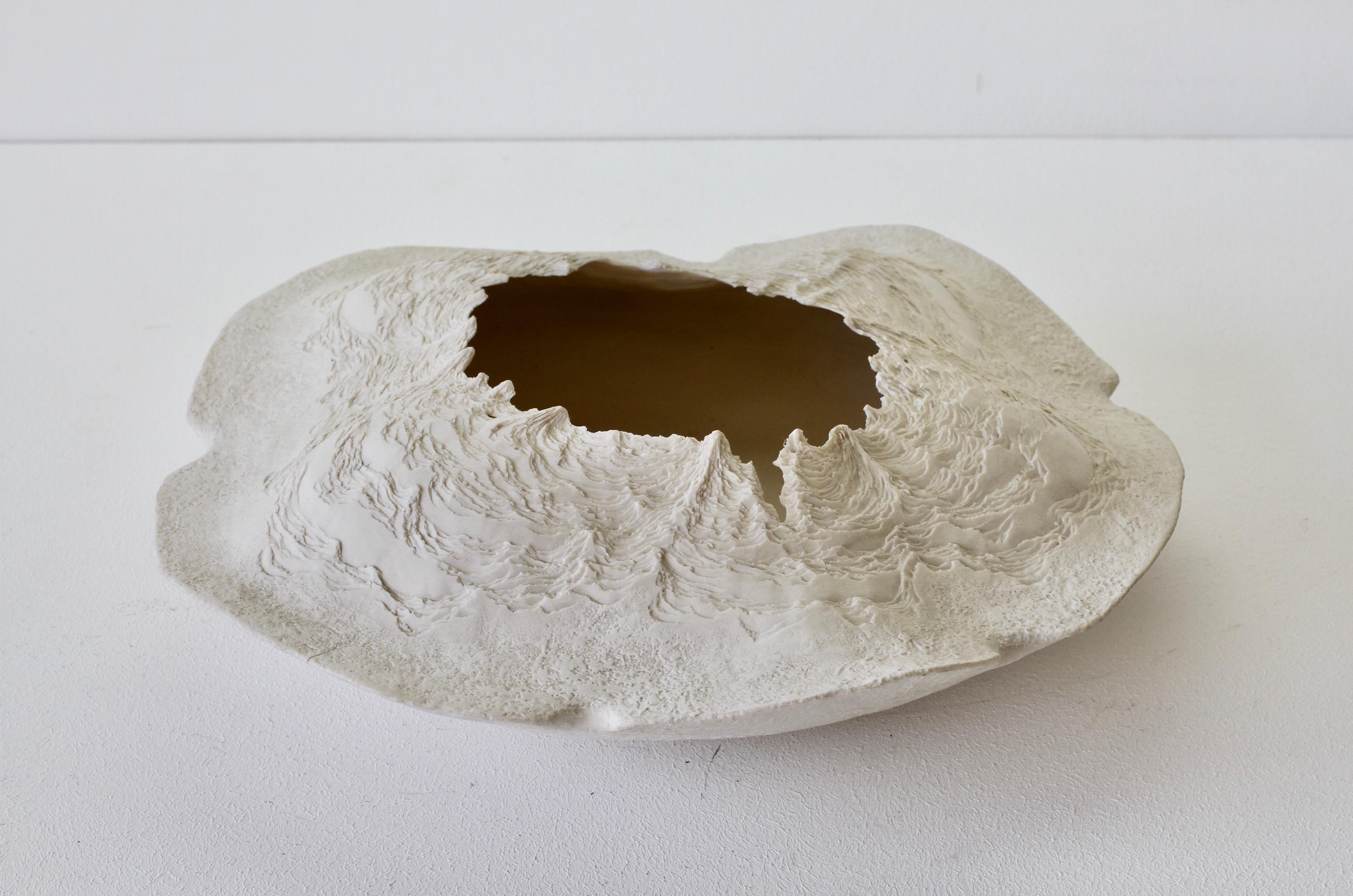 Maggie Barnes Carved White Organic Art Pottery Sculpture Bowl or Dish circa 1987 For Sale 2