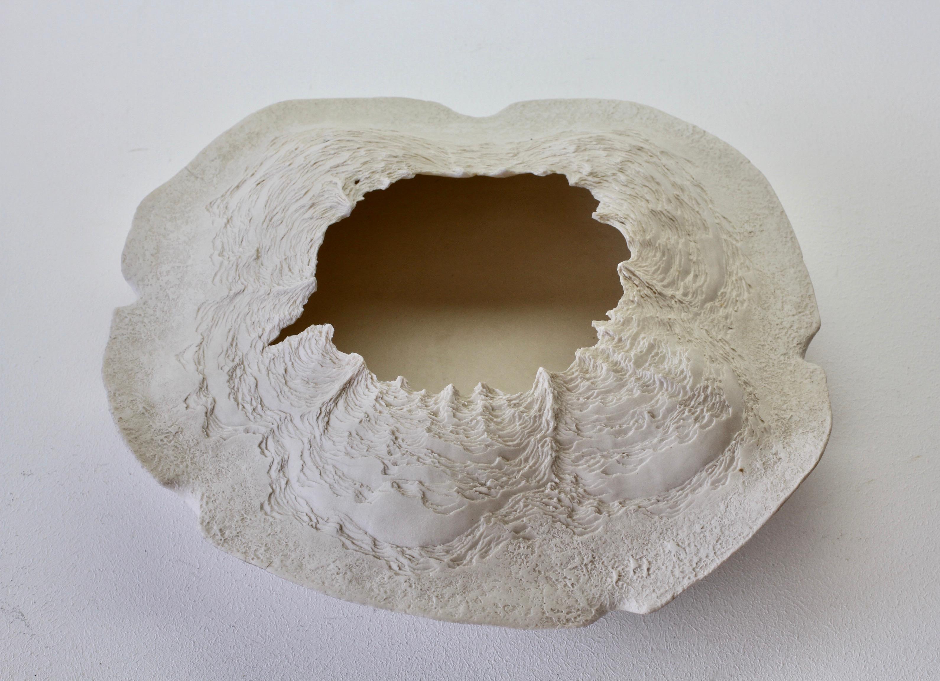 Hand-Carved Maggie Barnes Carved White Organic Art Pottery Sculpture Bowl or Dish circa 1987 For Sale
