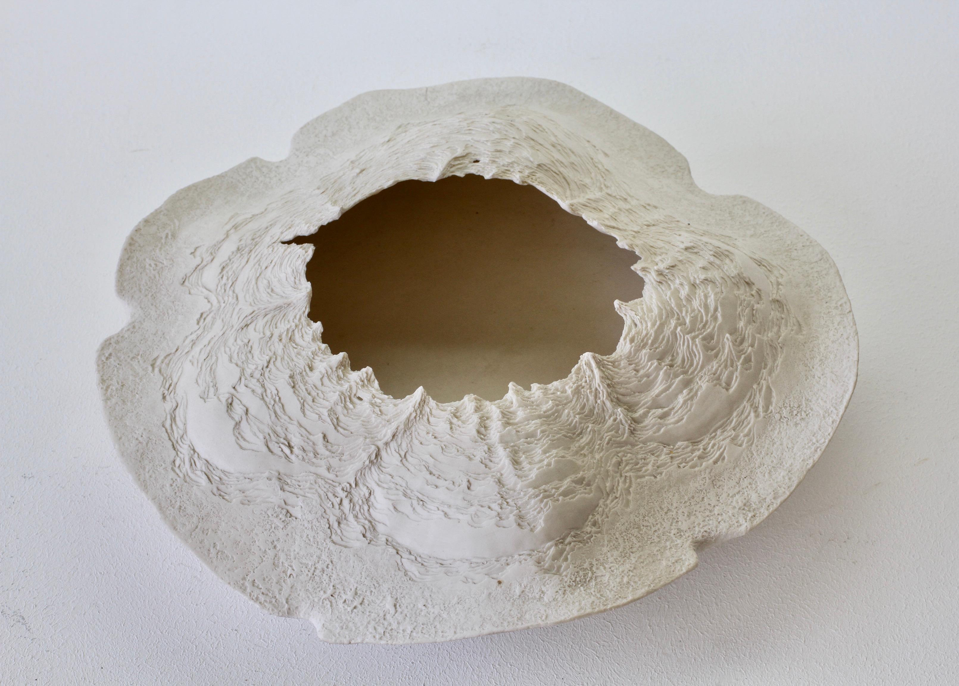 Ceramic Maggie Barnes Carved White Organic Art Pottery Sculpture Bowl or Dish circa 1987 For Sale
