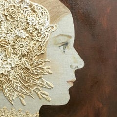 "Liliam" Contemporary Mixed Media Dark Sepia Red Background and Gold