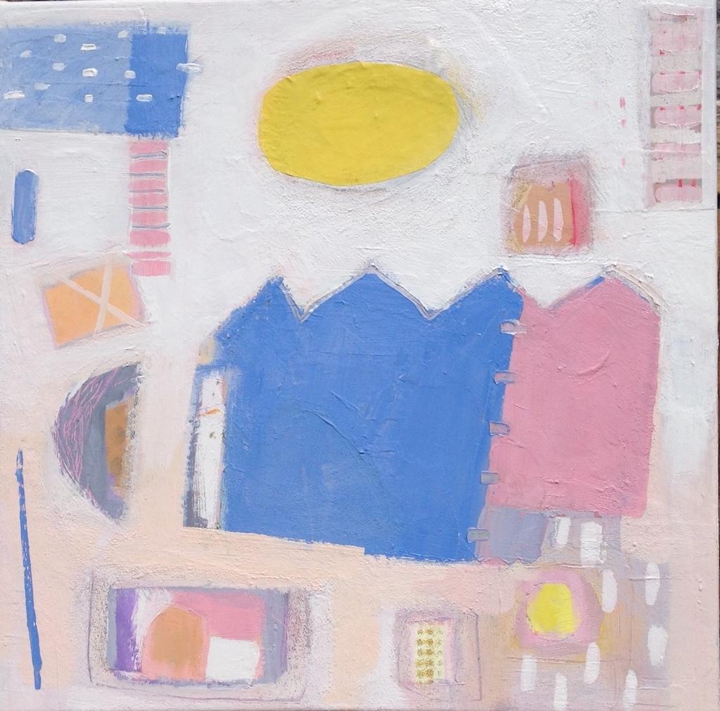 Sweet Devon Days, peinture originale, abstraite, roses, bleus, jaunes en vente 2