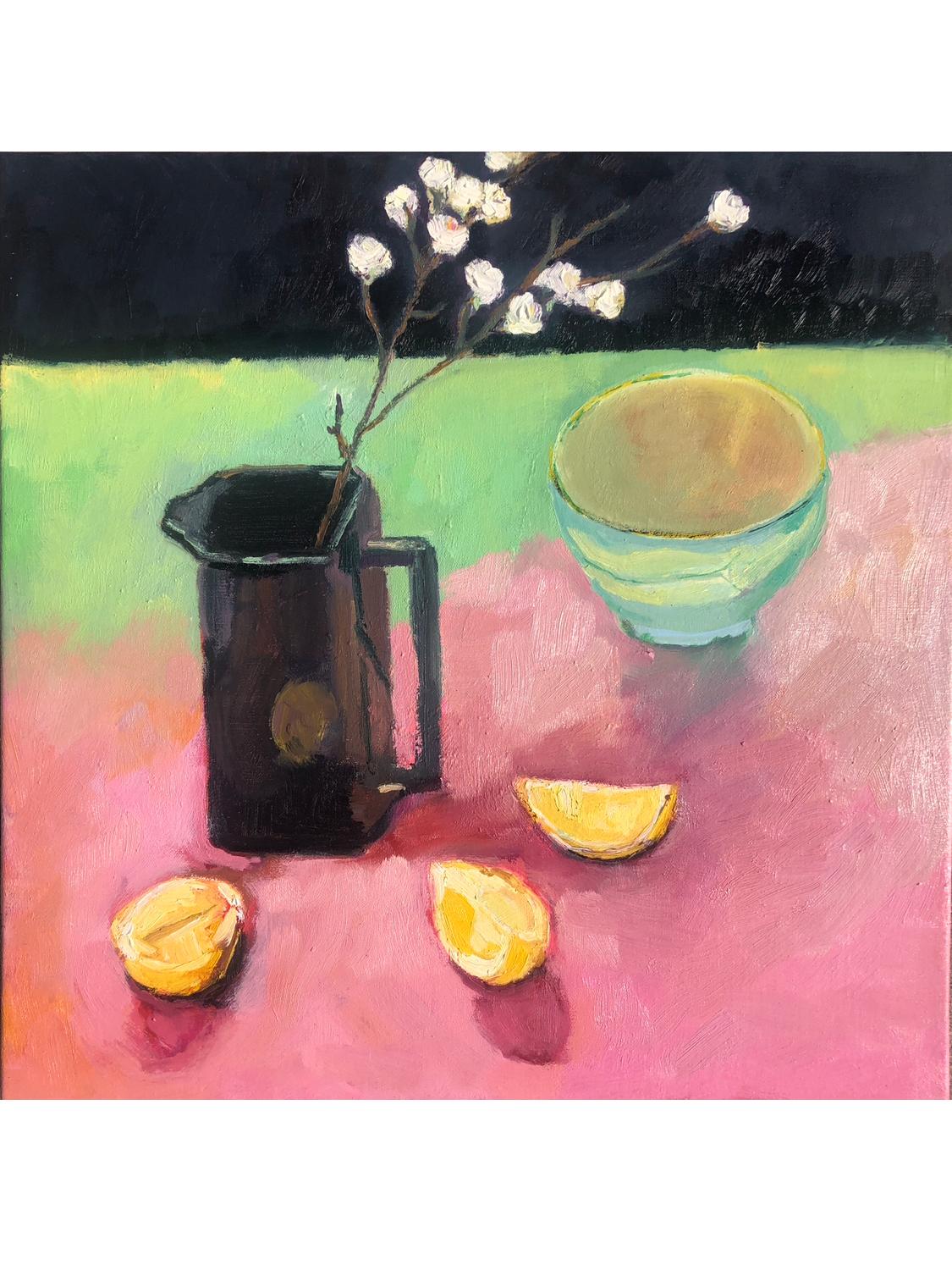 Whisky jug with apple blossom By Maggie LaPorte-Banks [2022]

This impressionistic still life features the black whisky jug, traditionally used for storing moonshine. I love this old black whisky jug as it shows off so well the reflections of the