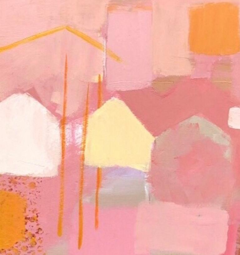Bergen facades 5, Norway Original Painting, Landscape, Contemporary, Pink art For Sale 1