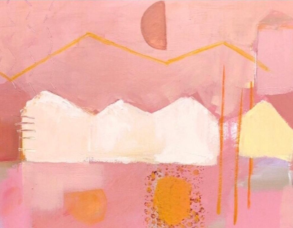 Bergen facades 5, Norway Original Painting, Landscape, Contemporary, Pink art For Sale 2