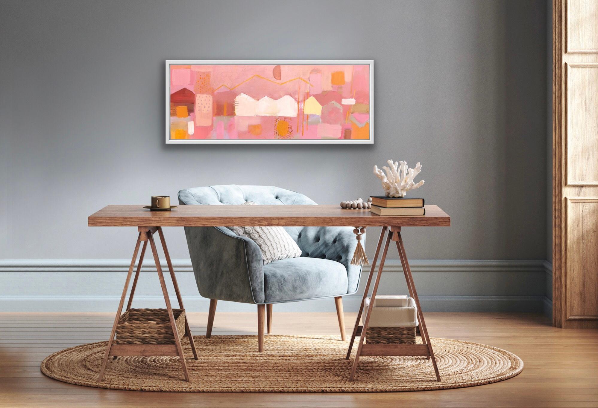 Fachadas de Bergen 5, Noruega Pintura original, Paisaje, Contemporáneo, Arte rosa en venta 2