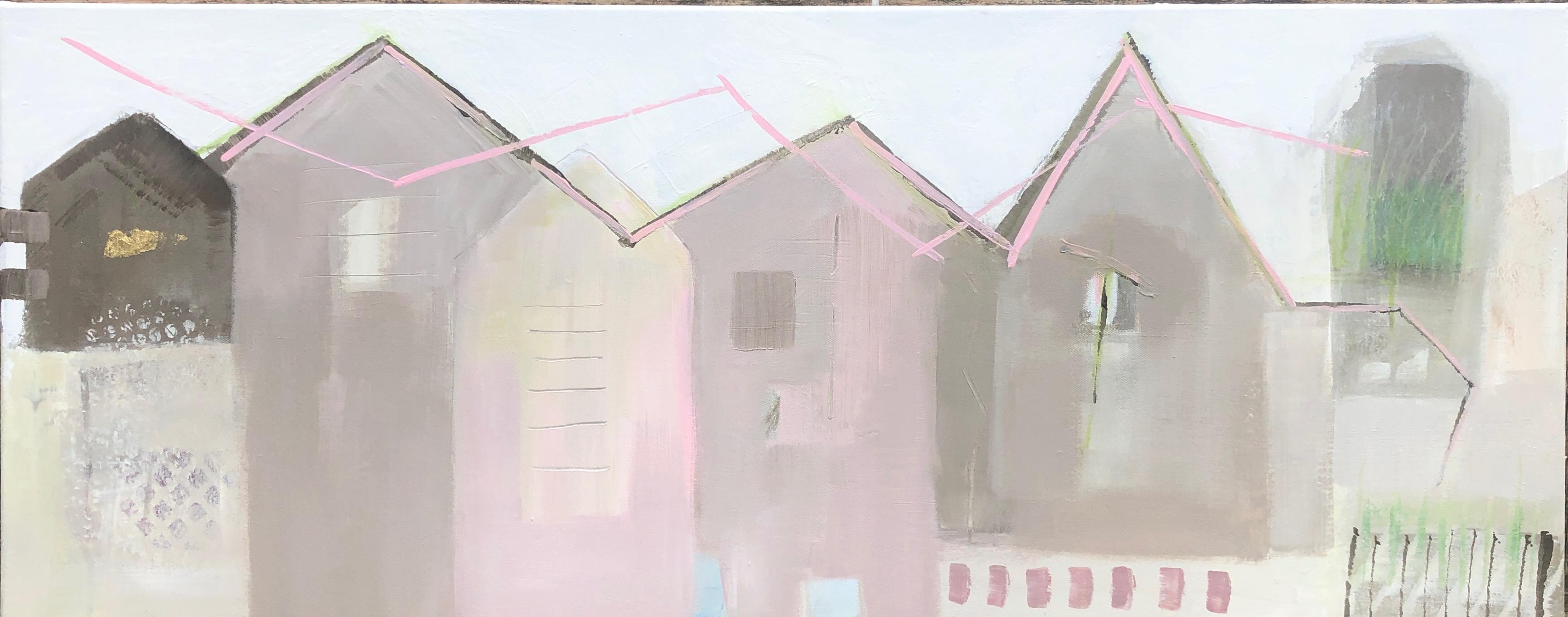 Maggie LaPorte Banks Abstract Painting – Bryggen Fassaden 4, Landschaft, kostspielig, abstrakt, städtisch, Architektur, Häuser 