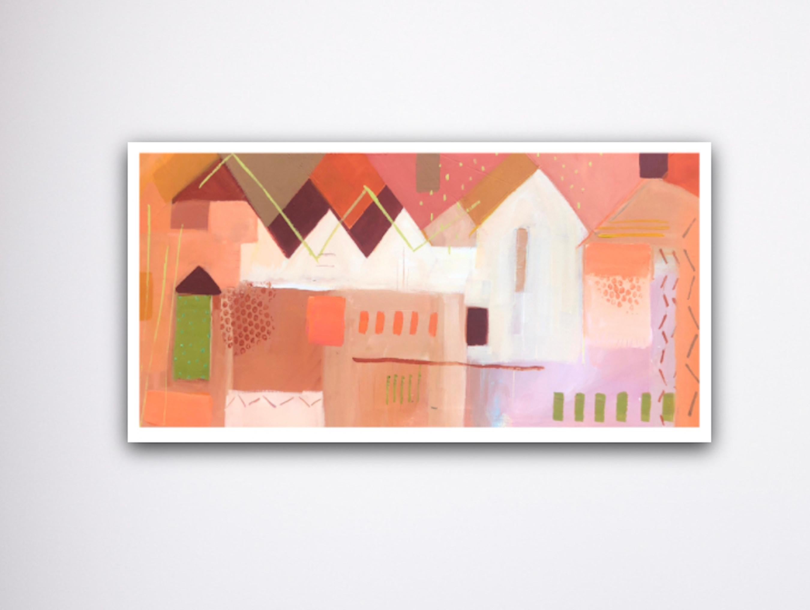Bryggen Facades 6 by Maggie LaPorte-Banks, Original painting, Abstract Art, Pink - Painting by Maggie LaPorte Banks