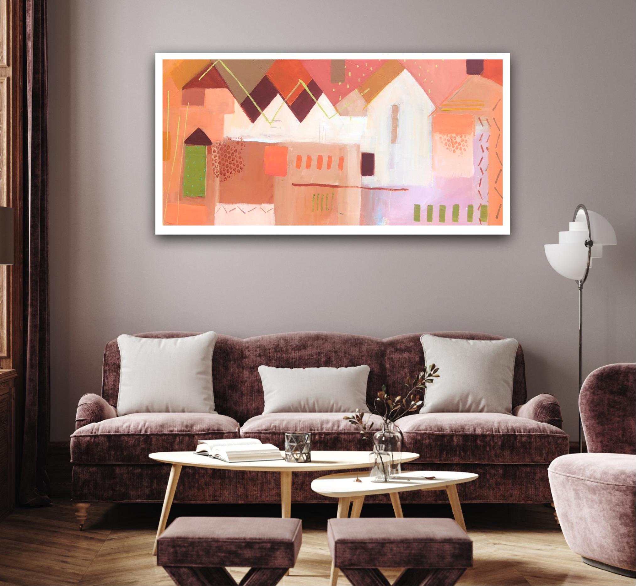 Bryggen Facades 6 by Maggie LaPorte-Banks, Original painting, Abstract Art, Pink For Sale 2
