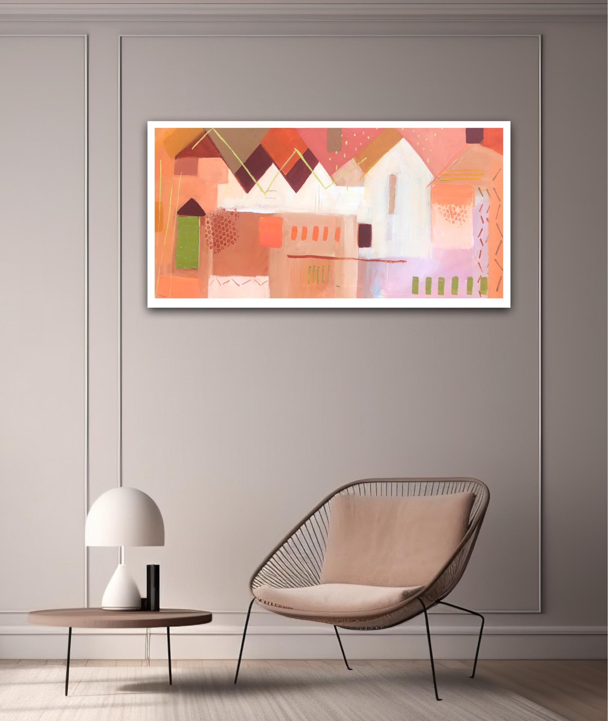 Bryggen Facades 6 by Maggie LaPorte-Banks, Original painting, Abstract Art, Pink For Sale 3