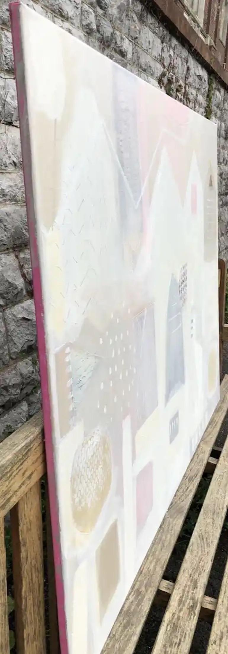 Façades de Bryggen 
par Maggie LaPorte-Banks
Peinture originale
Acrylique, collage, peinture dorée sur toile
Taille de l'image : 90 H x 122 L x 5 P cm (35.43 x 48.03 x 1.97 in)
Dimensions complètes de l'œuvre non encadrée : 90 H x 122 L x 5 P cm