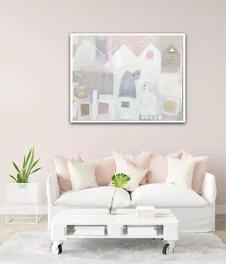 Bryggen Facades by Maggie LaPorte-Banks, Original painting, Abstract Art, Pink For Sale 5