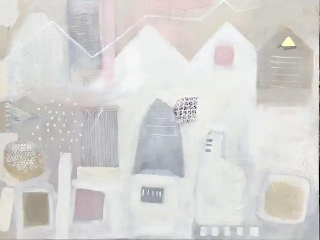 Bryggen Facades by Maggie LaPorte-Banks, Original painting, Abstract Art, Pink - Mixed Media Art by Maggie LaPorte Banks