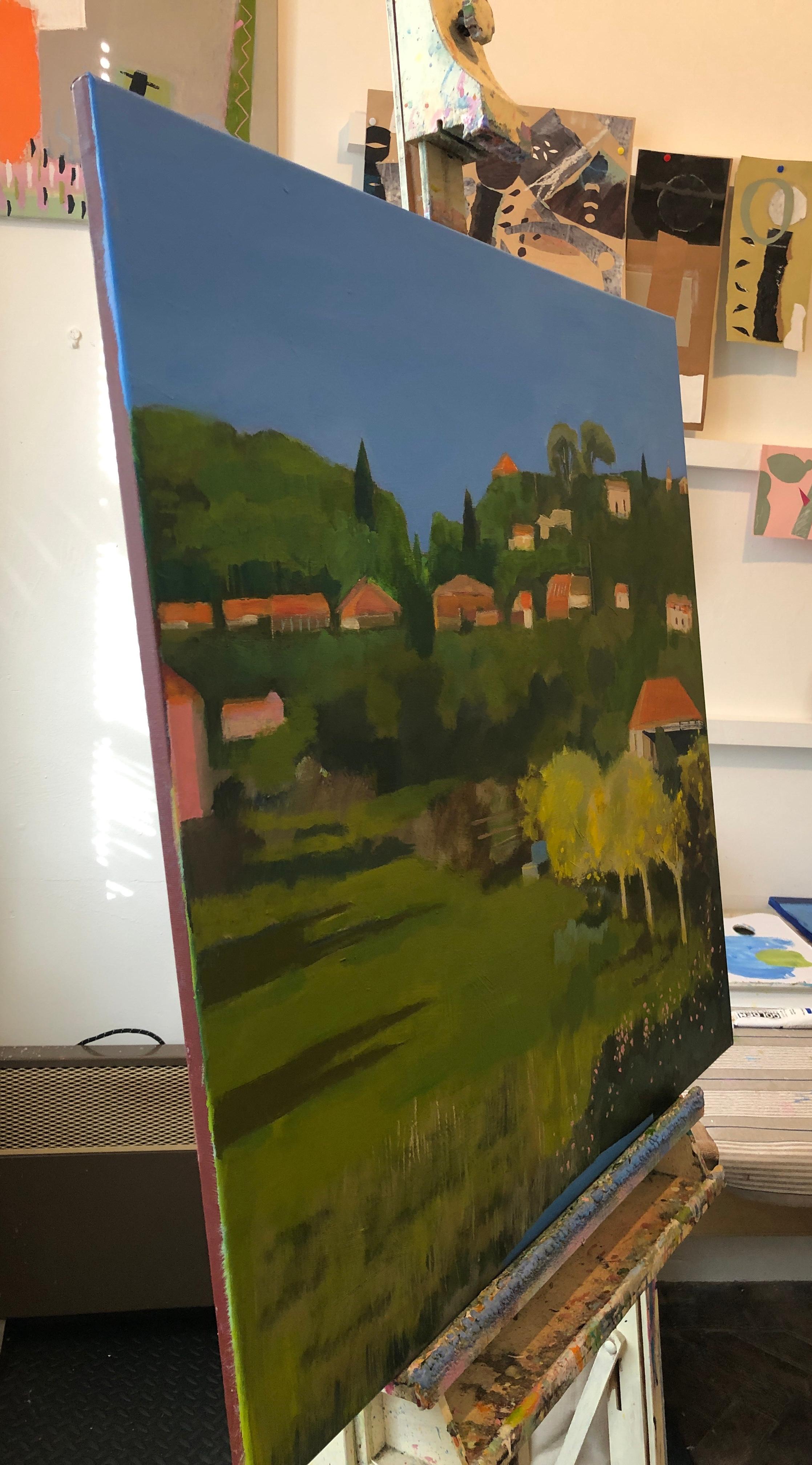 Este cuadro se inició con una serie de pequeños bocetos realizados en Zante, Grecia, en octubre de este año. La vista es desde la piscina del hotel, por la tarde el sol proyectaba sombras sobre los campos . Me encanta el contraste del campo verde y