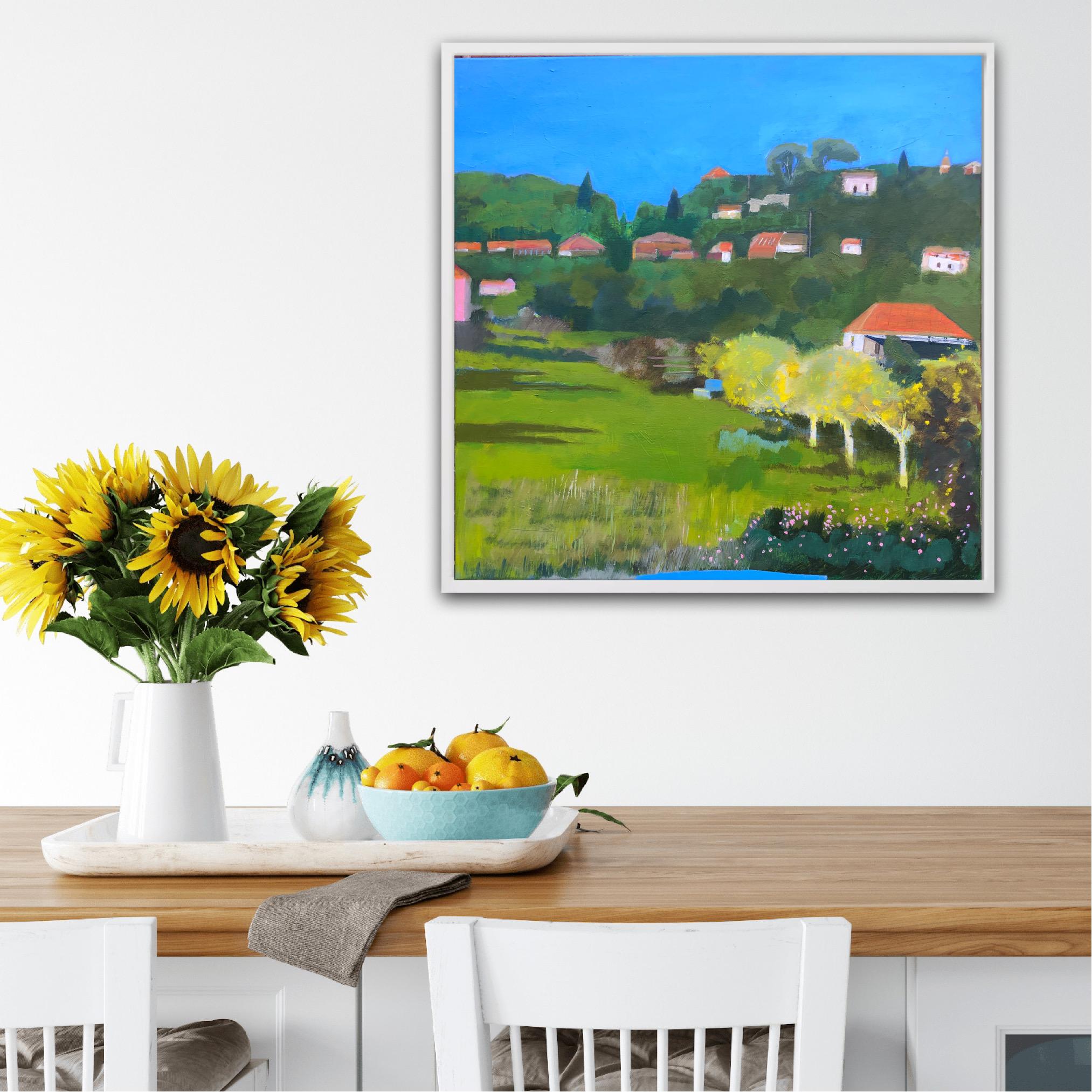 Chipre, olivos y largas sombras proyectadas, pintura original, contemporánea en venta 3