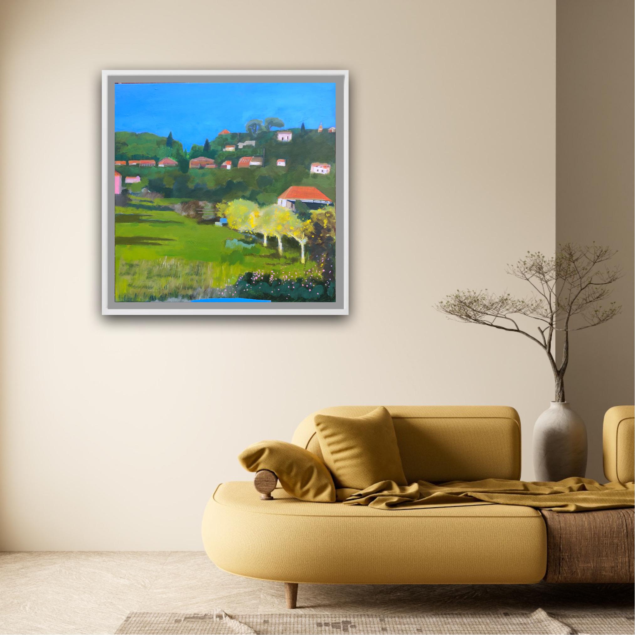 Chipre, olivos y largas sombras proyectadas, pintura original, contemporánea en venta 4