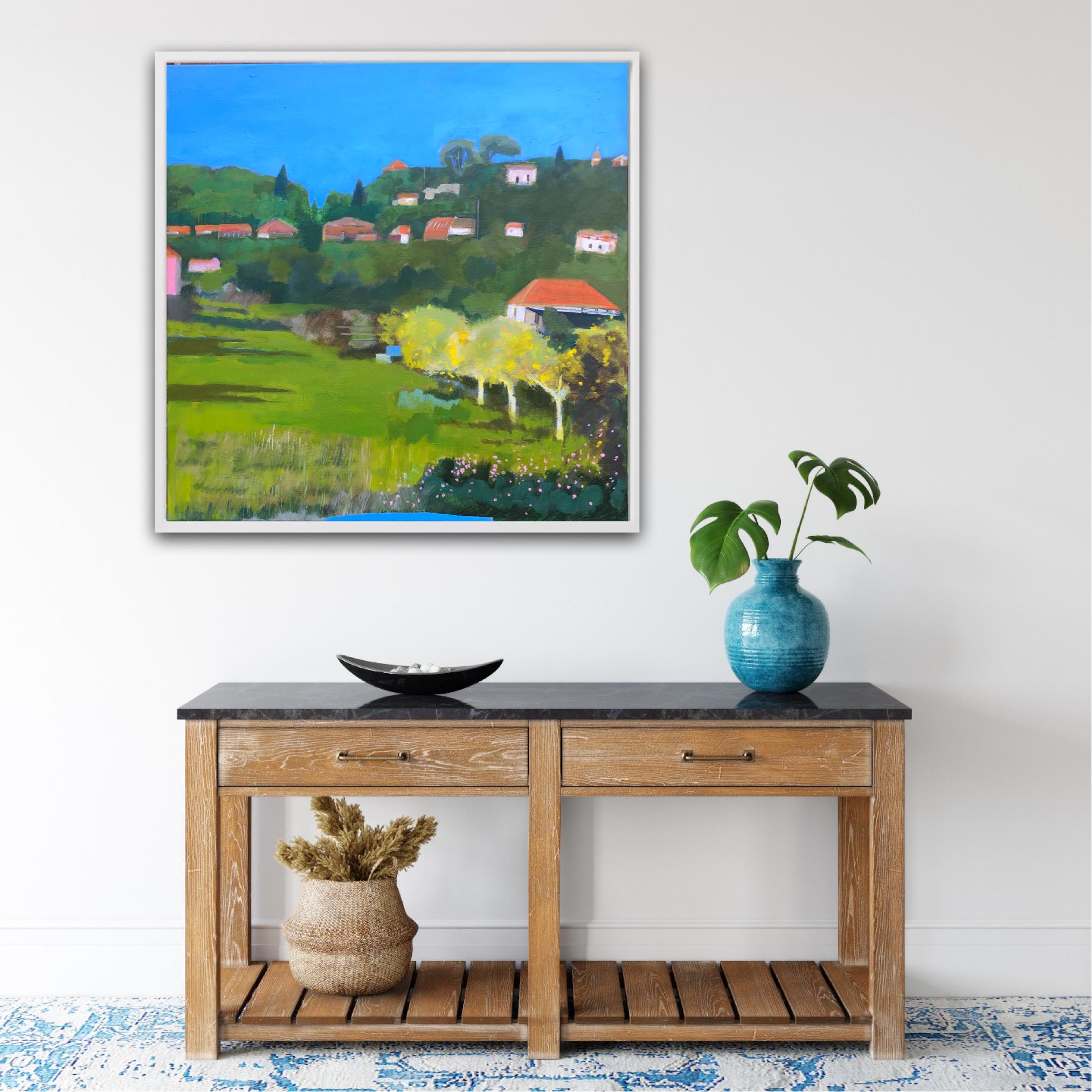 Chipre, olivos y largas sombras proyectadas, pintura original, contemporánea en venta 6