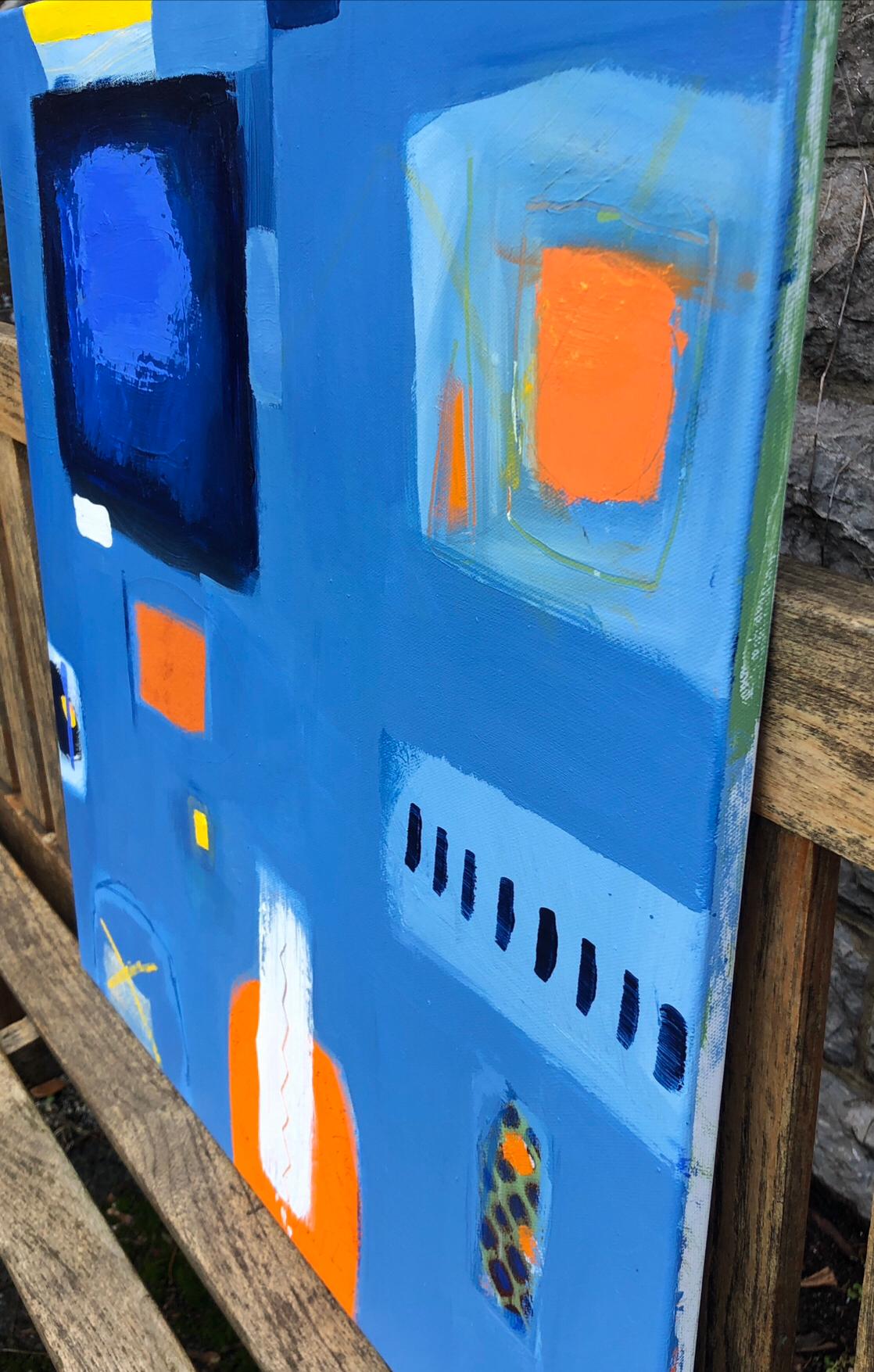 Deeper Connections, Blue and Black Art, Orange Painting, Abstract Artwork For Sale 1