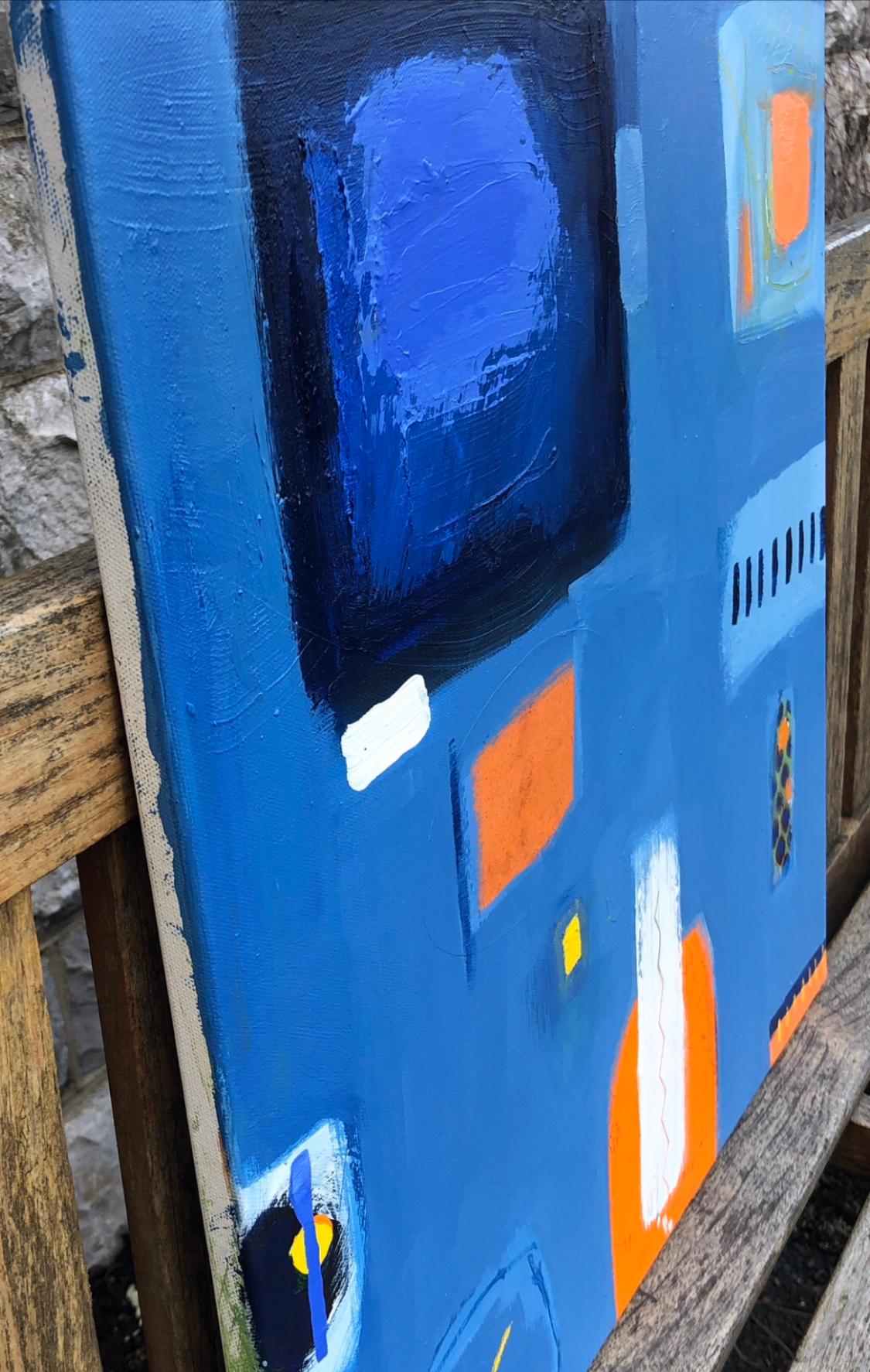 Deeper Connections, Blue and Black Art, Orange Painting, Abstract Artwork For Sale 2