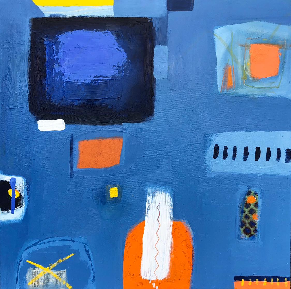 Tiefere Verbindungen, Blaue und schwarze Kunst, Orangefarbenes Gemälde, Abstraktes Kunstwerk