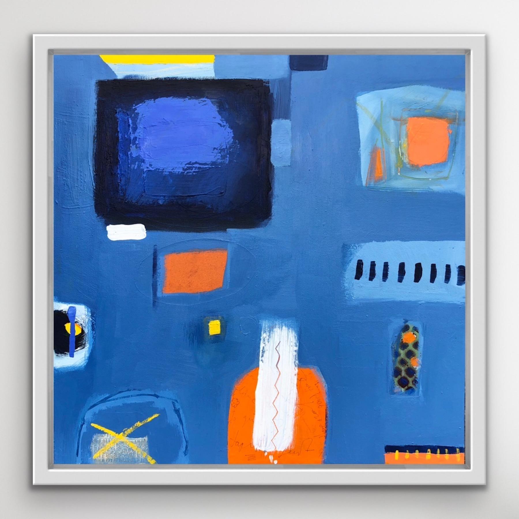 The inspiration and ideas behind this piece of work , came from a dream which featured an orange square motif. The blues are a mixture of Prussian blue, ultramarine, and cerulean. The work is acrylic on canvas , with areas of cold wax oil paint,