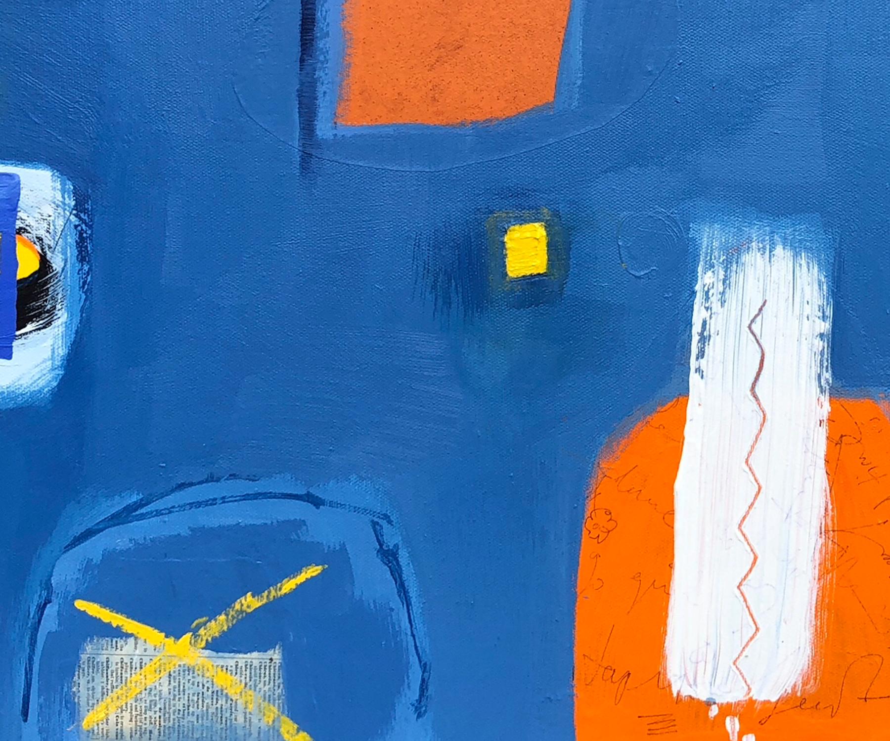 Die Inspiration und die Ideen für dieses Werk stammen aus einem Traum, in dem ein orangefarbenes Quadratmotiv vorkam. Die Blautöne sind eine Mischung aus Preußischblau, Ultramarin und Cerulean. Das Werk besteht aus Acryl auf Leinwand, mit Bereichen