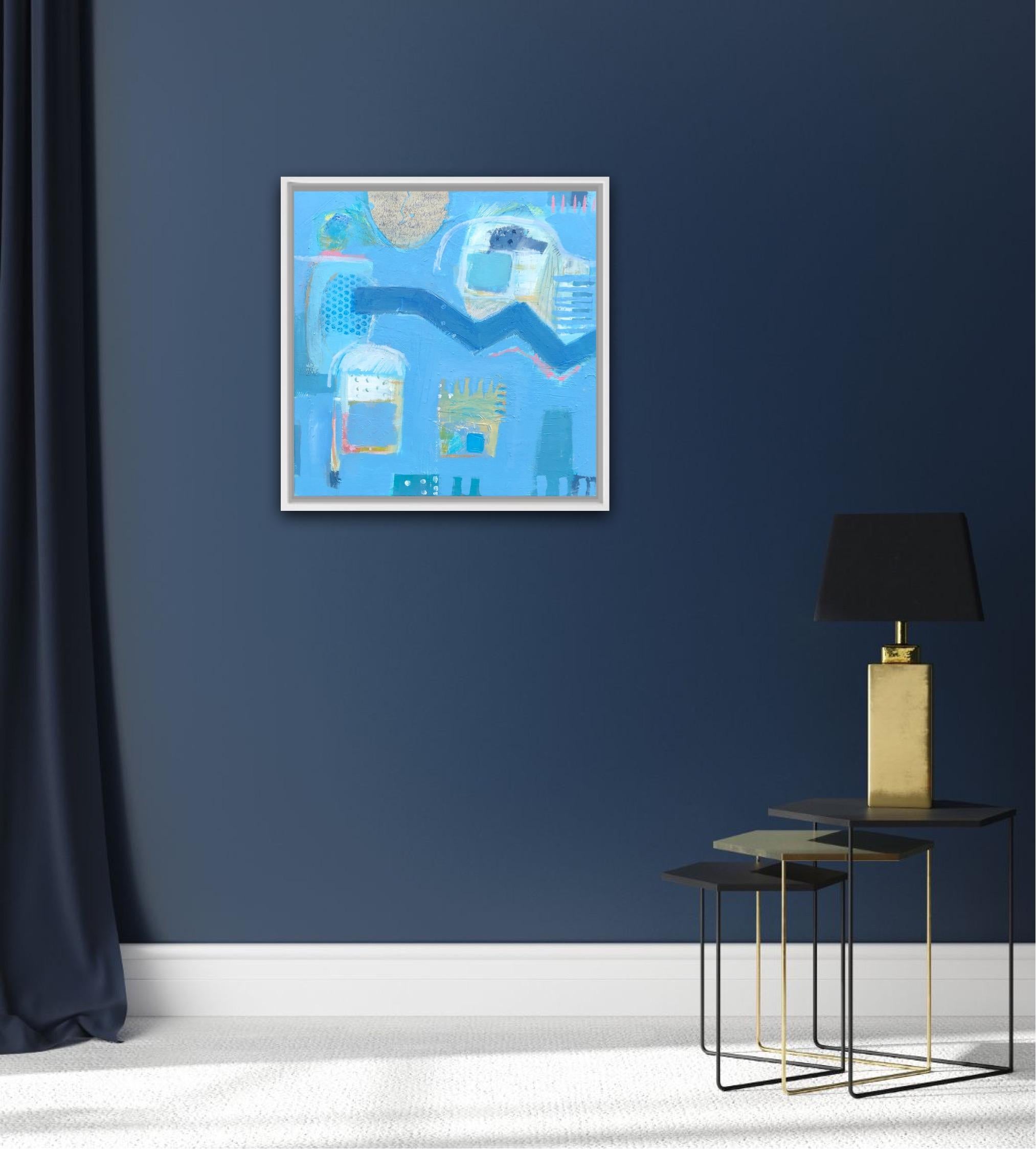 Este cuadro de técnica mixta es acrílico sobre lienzo con collage y carborundo y algo de texto . Las ideas se extraen del viaje por Devon a lo largo de la costa, con hermosas vistas al mar, hasta llegar a St. Ives, con su hermosa luz y sus mares de